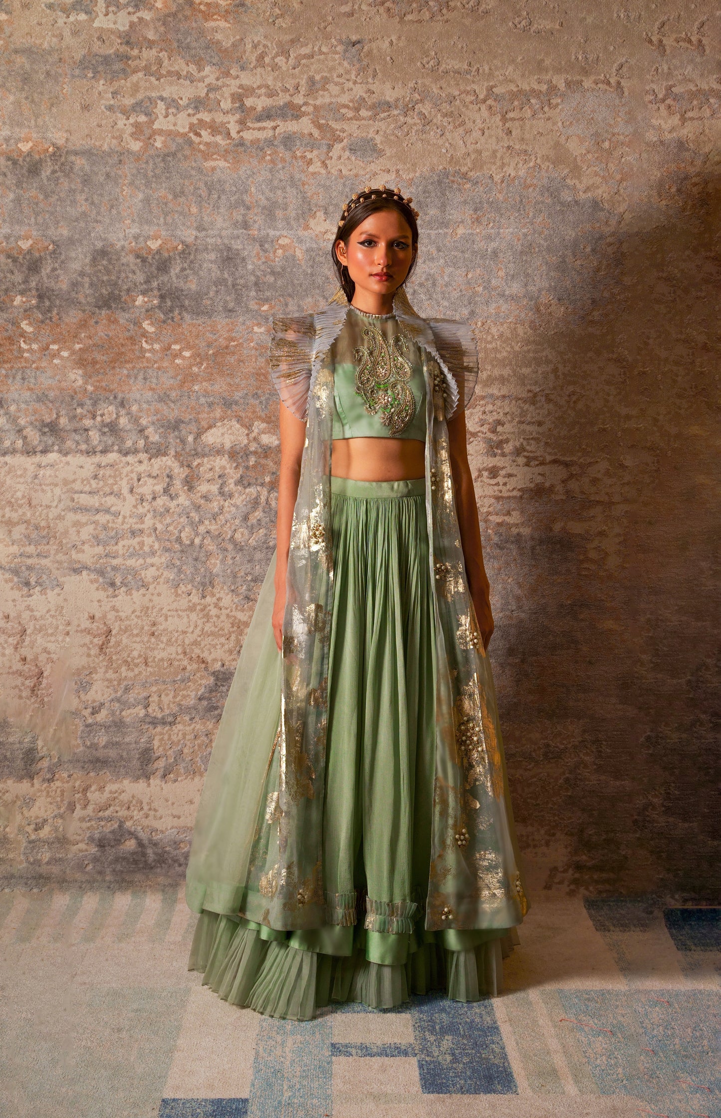 Dejouer-nakshatra pistachio green foil print hand embroidered lehenga with overcoat