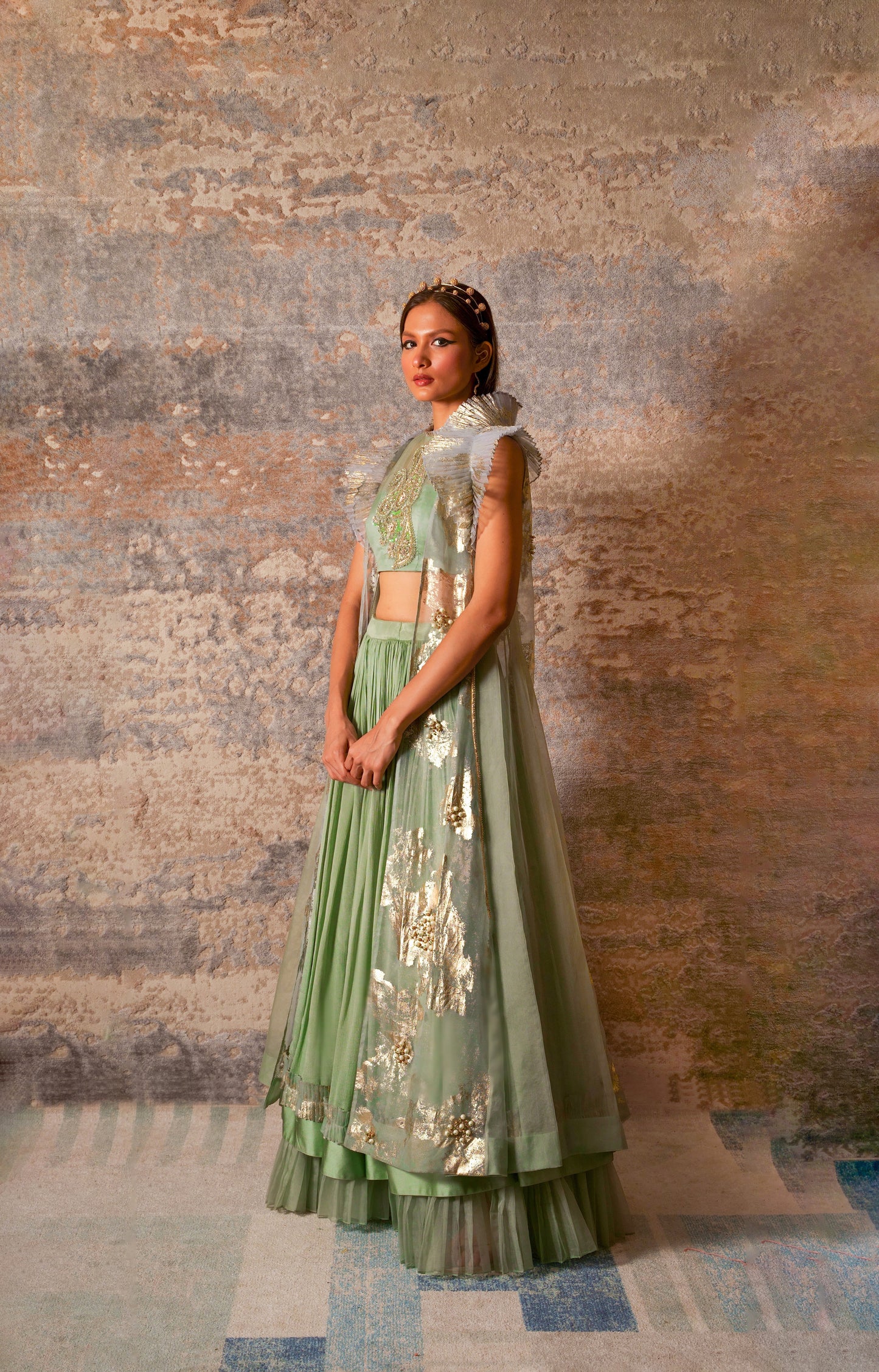 Dejouer-nakshatra pistachio green foil print hand embroidered lehenga with overcoat