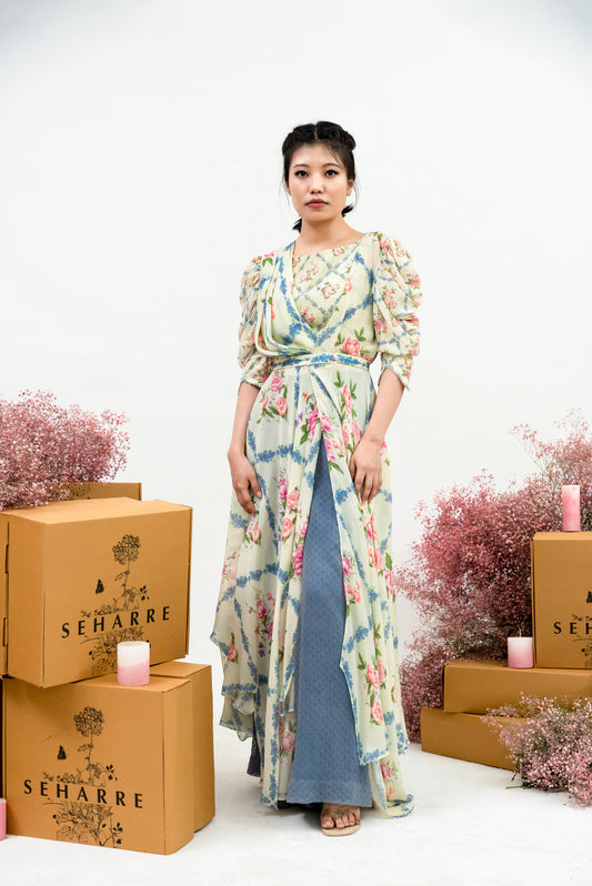 English Vintage -puff sleeve floral printed assymetry cowl wrap suit