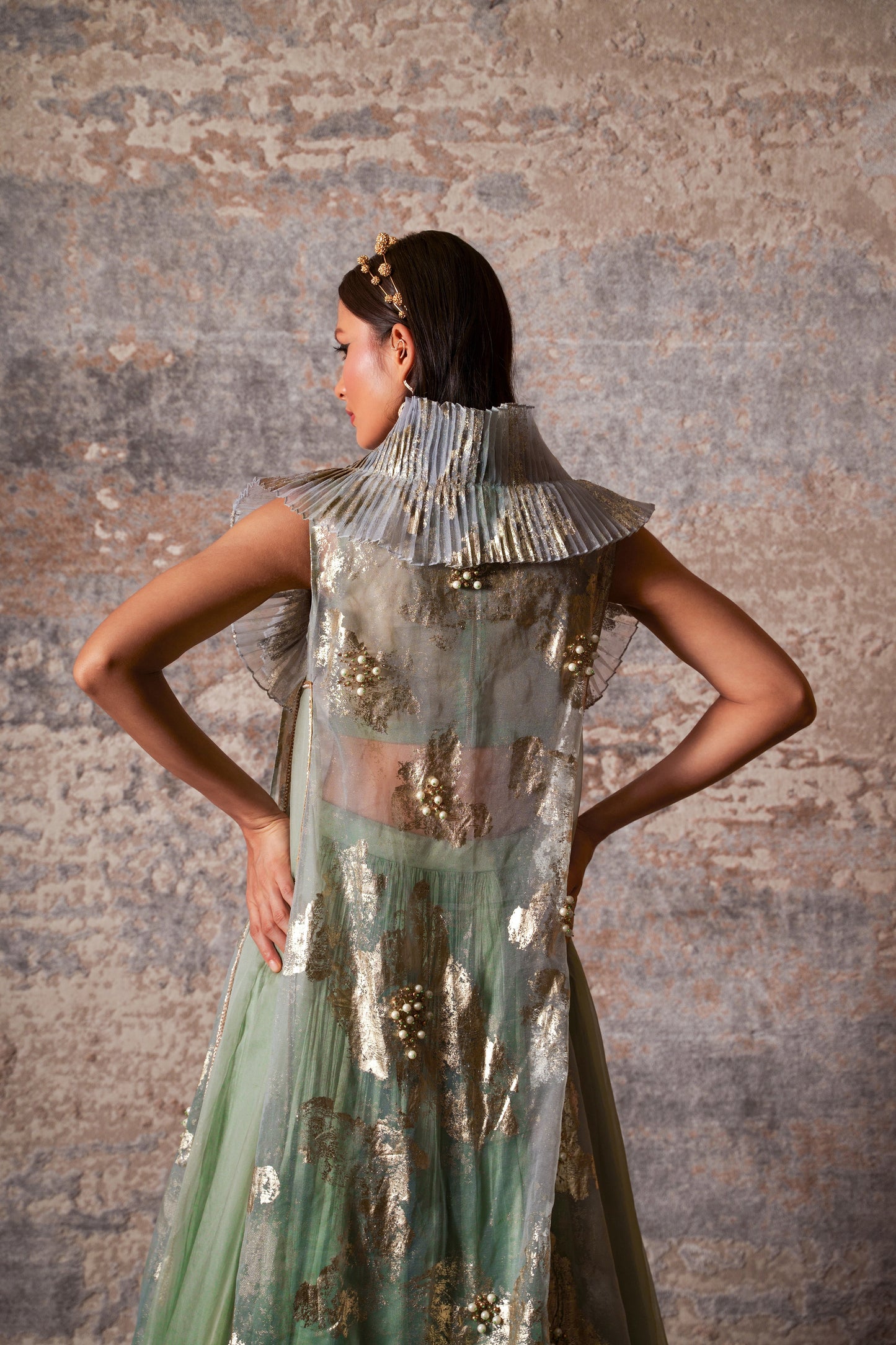 Dejouer-nakshatra pistachio green foil print hand embroidered lehenga with overcoat