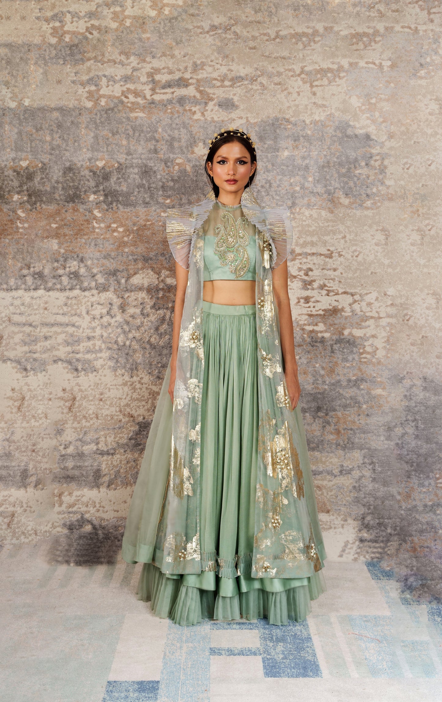 Dejouer-nakshatra pistachio green foil print hand embroidered lehenga with overcoat