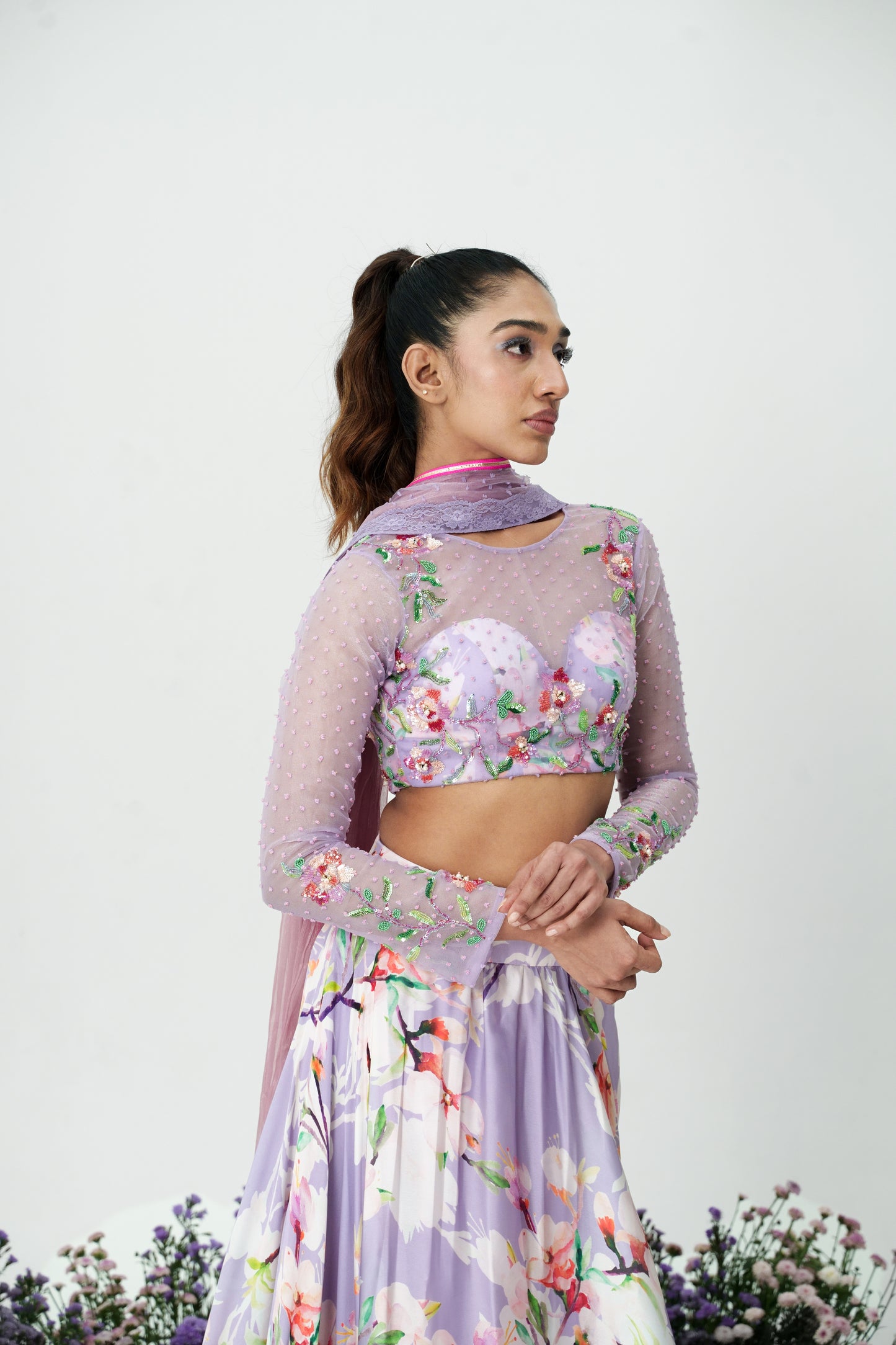 Lilium -Hand Embroidered Lilac Lehenga Set