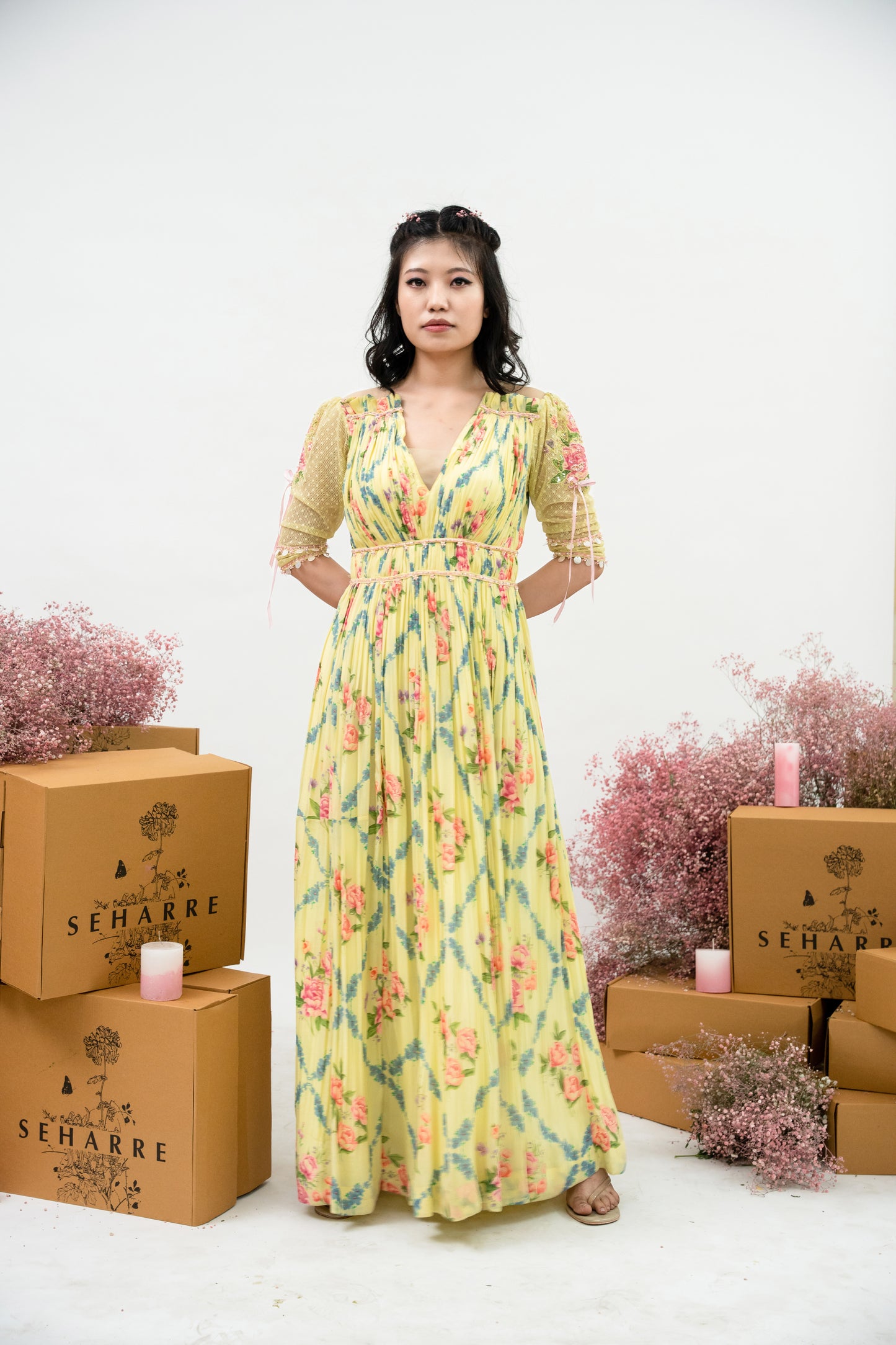 English Vintage -yellow floral printed v neck maxi dress