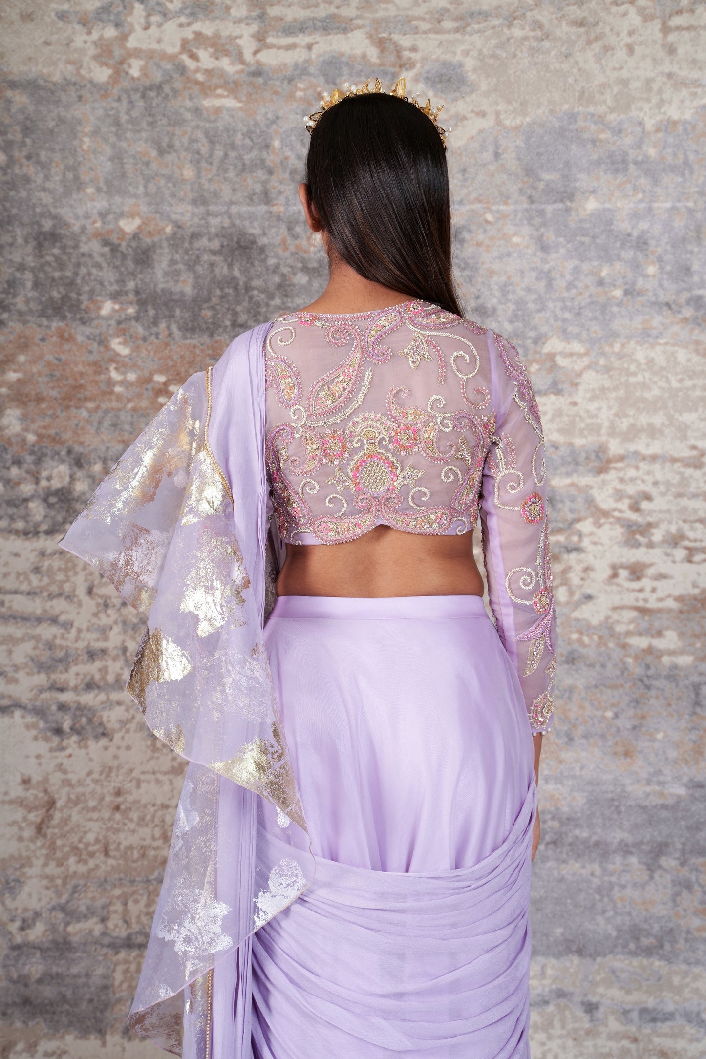 Déjouer-Nakshatra lilac foil print pre - draped saree