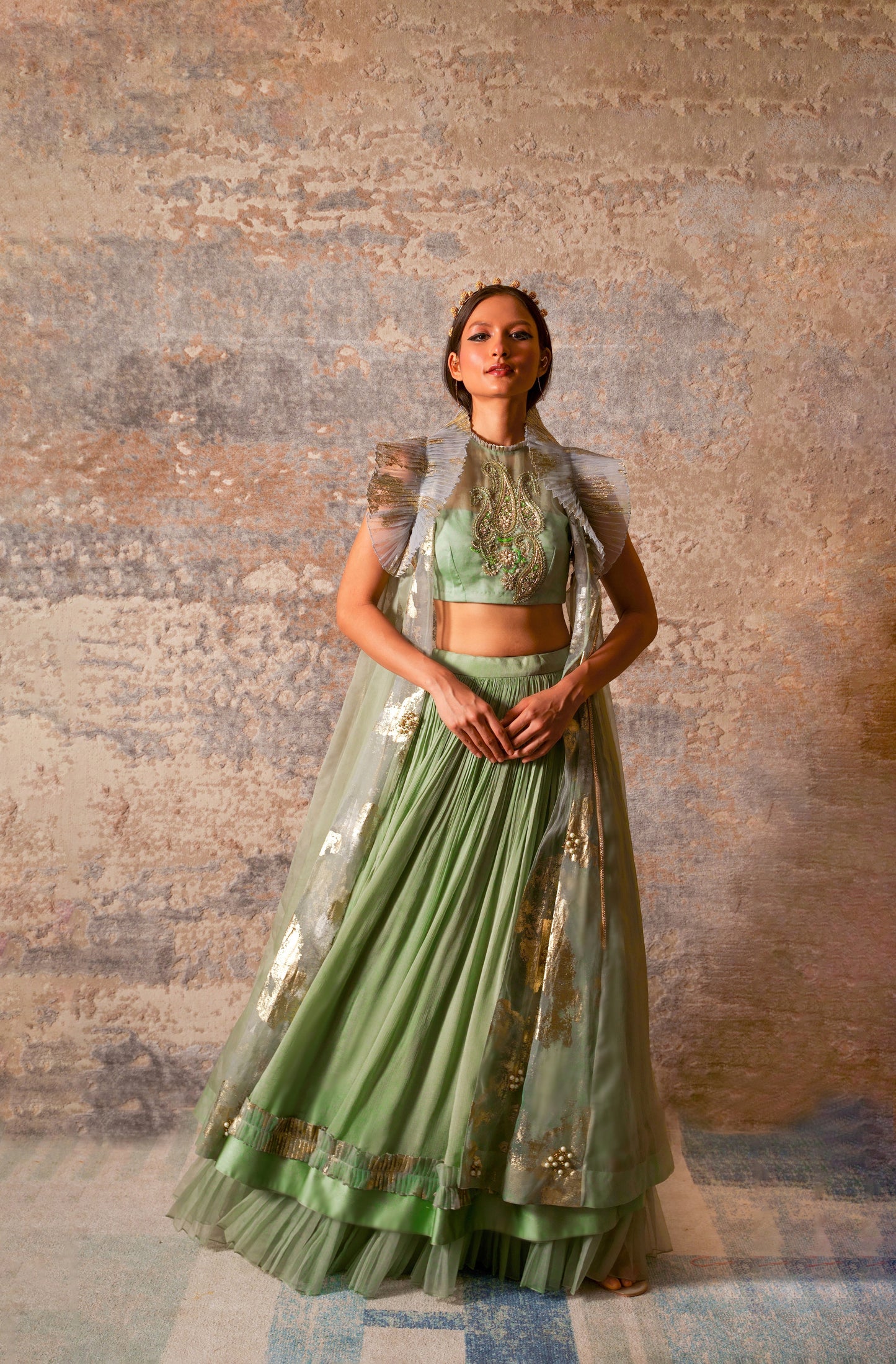 Dejouer-nakshatra pistachio green foil print hand embroidered lehenga with overcoat