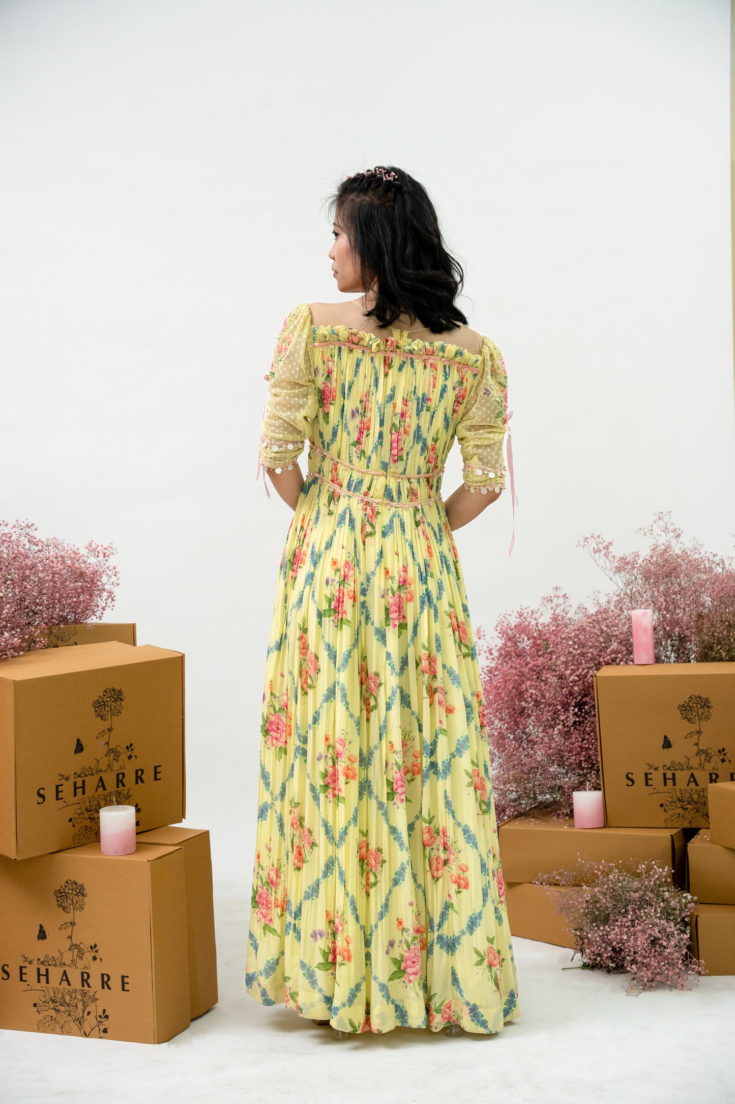 English Vintage -yellow floral printed v neck maxi dress