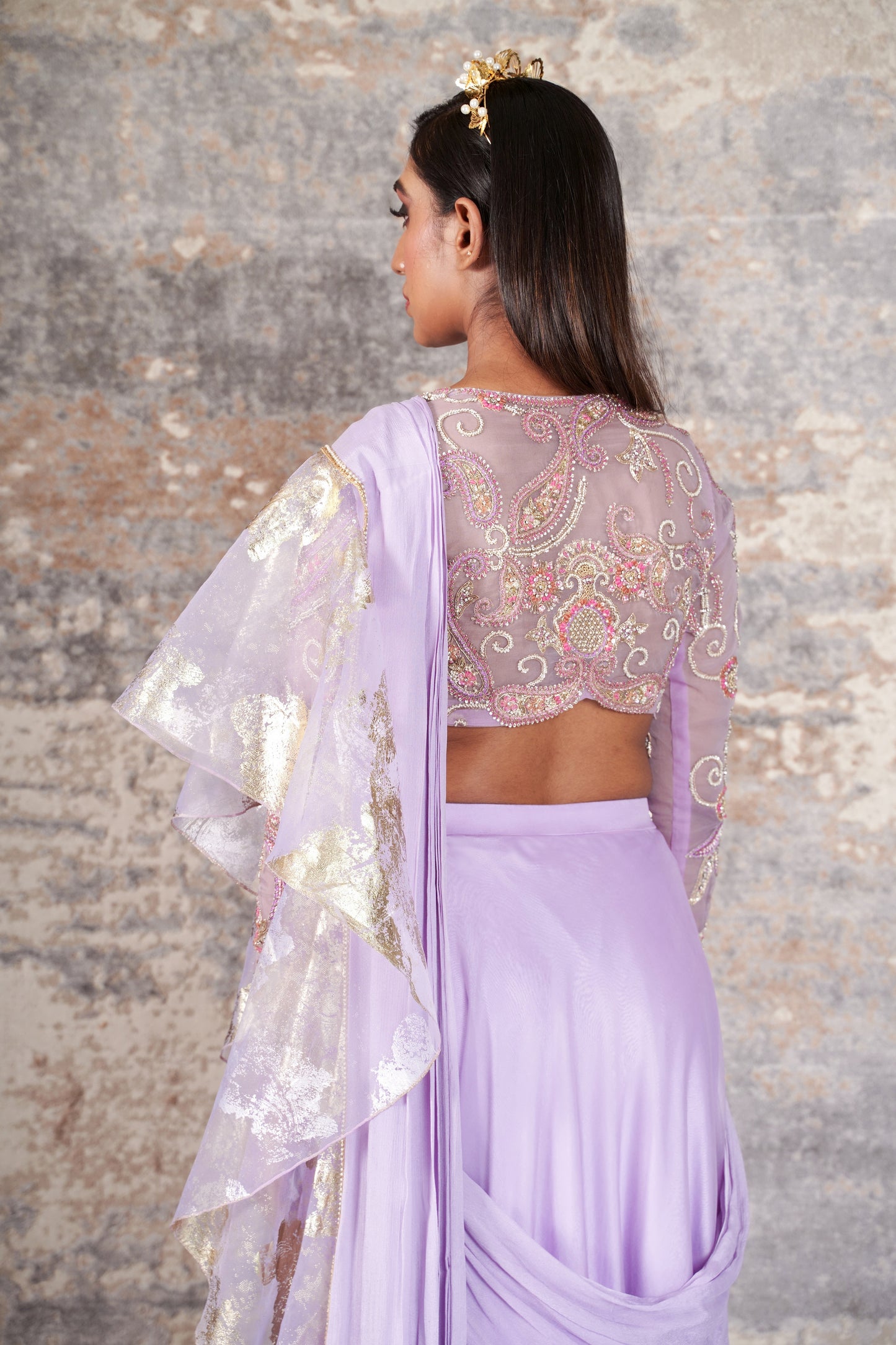 Déjouer-Nakshatra lilac foil print pre - draped saree