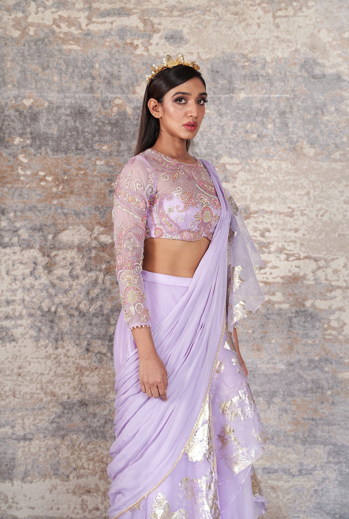 Déjouer-Nakshatra lilac foil print pre - draped saree