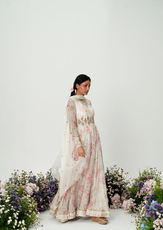 Floret-Daisy White Embroidered Anarkali Set