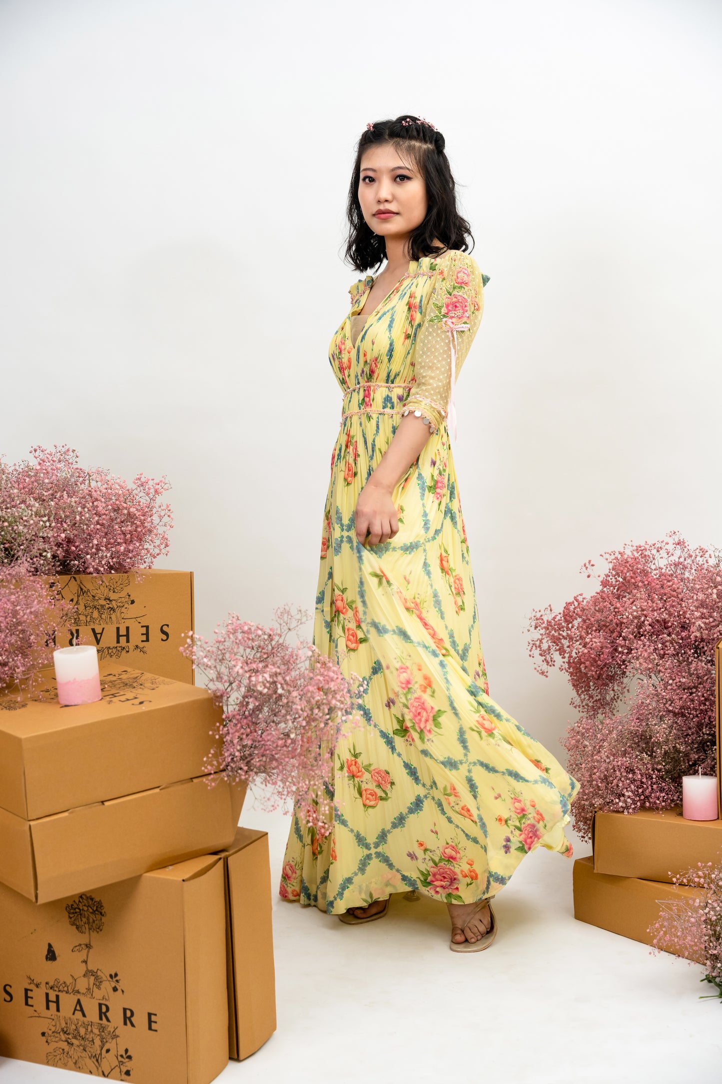 English Vintage -yellow floral printed v neck maxi dress