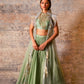 Dejouer-nakshatra pistachio green foil print hand embroidered lehenga with overcoat