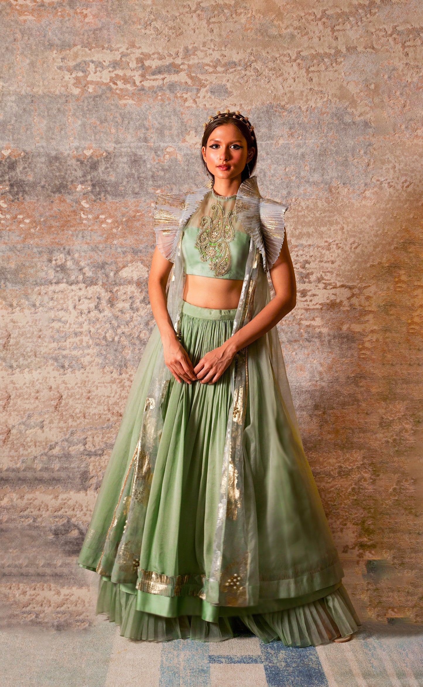 Dejouer-nakshatra pistachio green foil print hand embroidered lehenga with overcoat