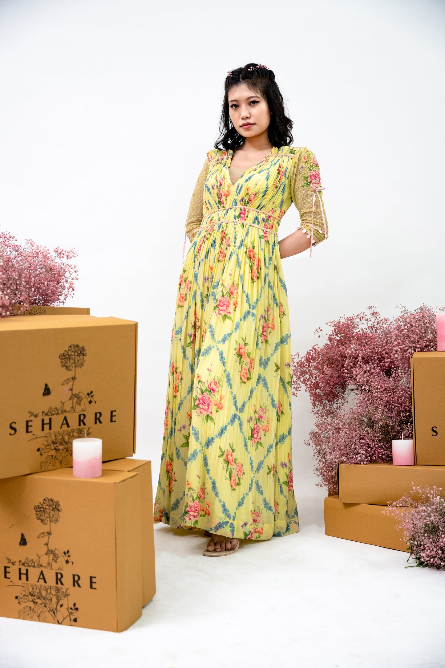 English Vintage -yellow floral printed v neck maxi dress