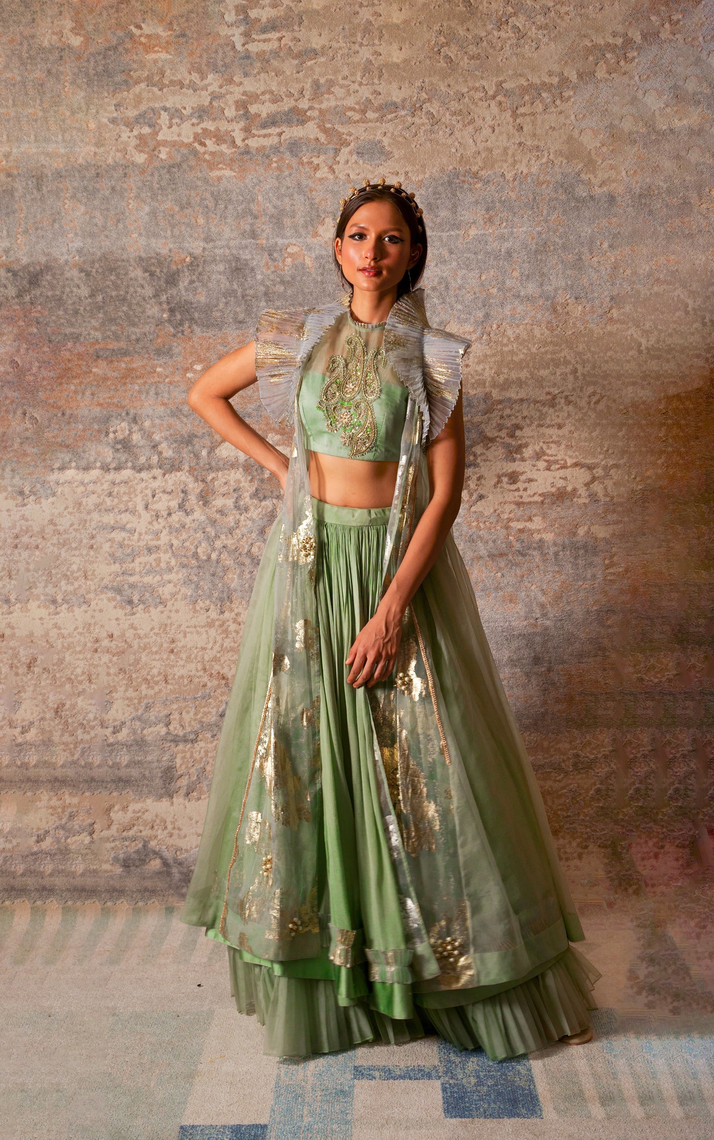 Dejouer-nakshatra pistachio green foil print hand embroidered lehenga with overcoat