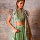 Dejouer-nakshatra pistachio green foil print hand embroidered lehenga with overcoat