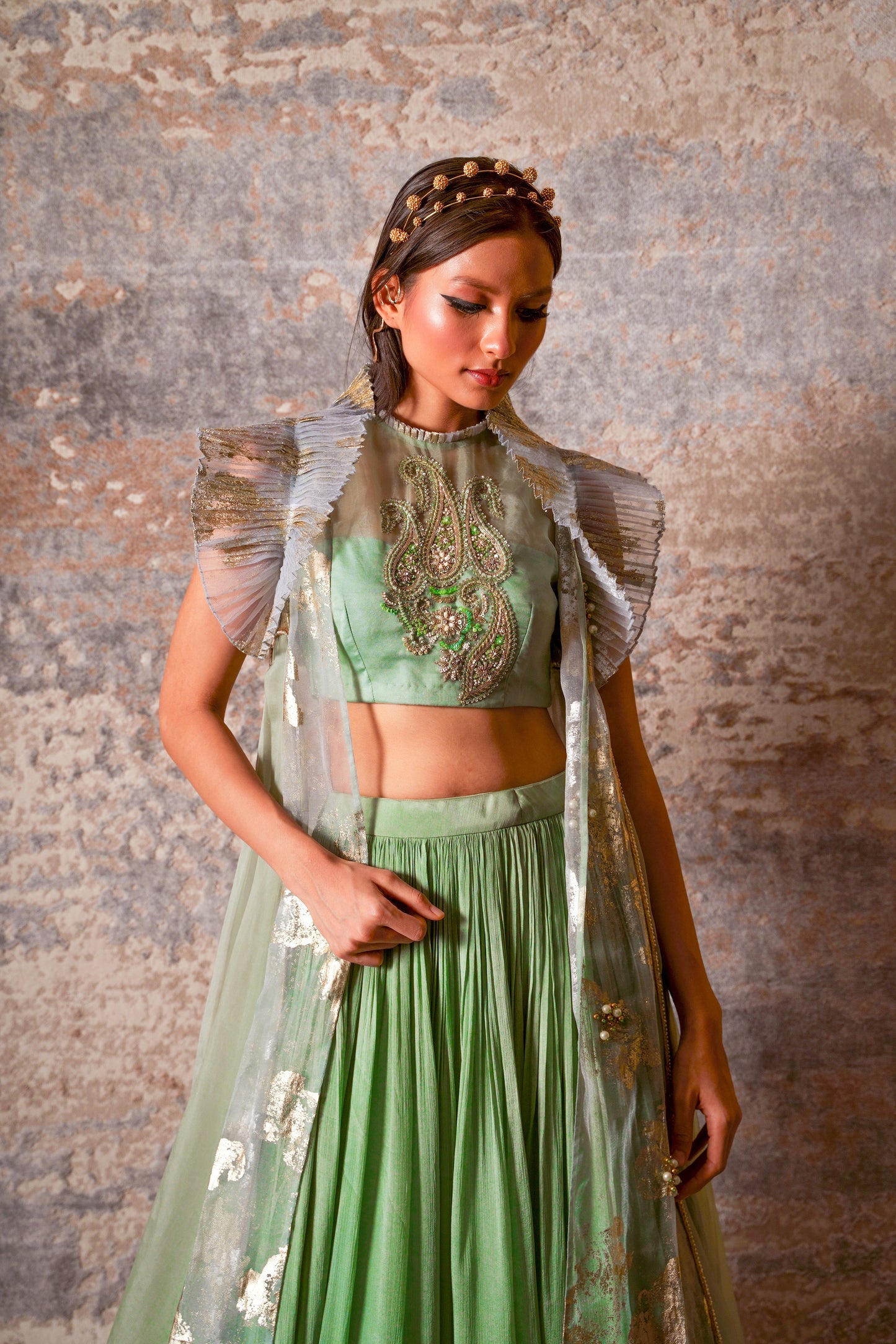 Dejouer-nakshatra pistachio green foil print hand embroidered lehenga with overcoat