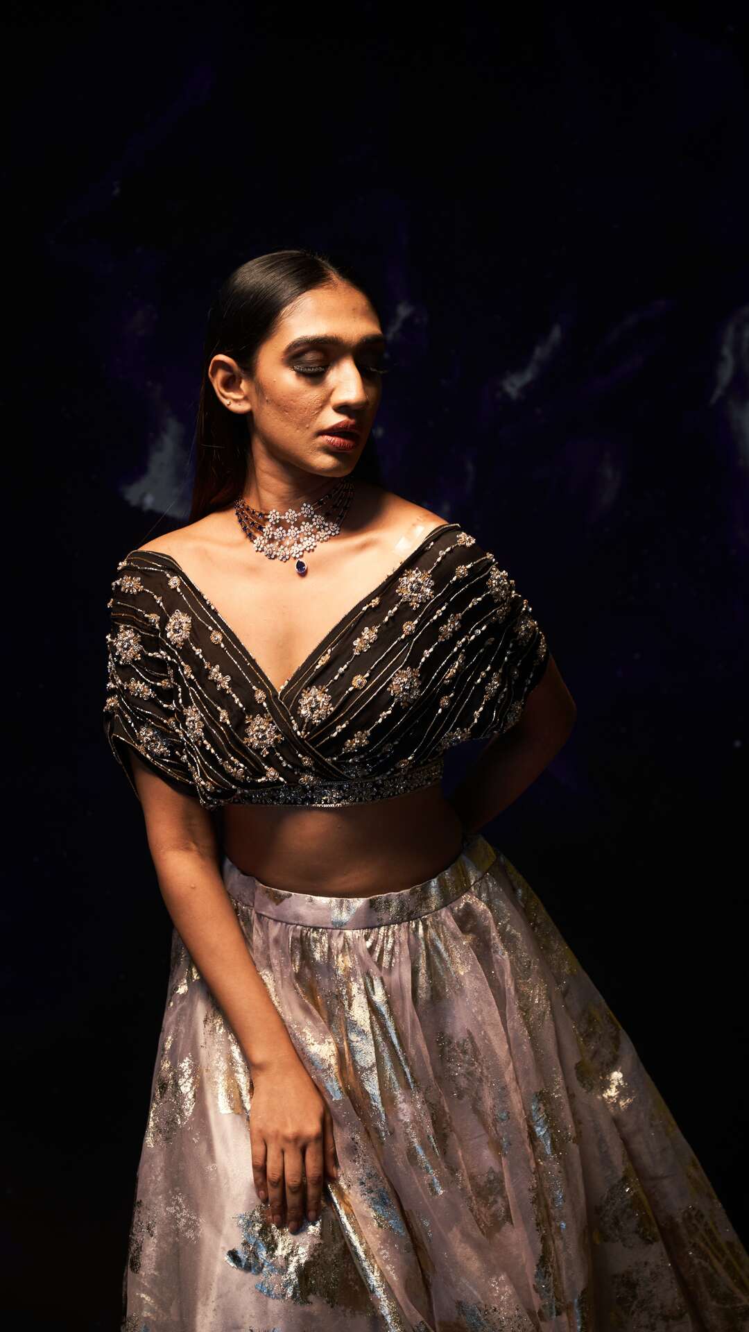 Dejouer- Plunge Neck Hand Embroidered Lilac Foil Print Lehenga Set