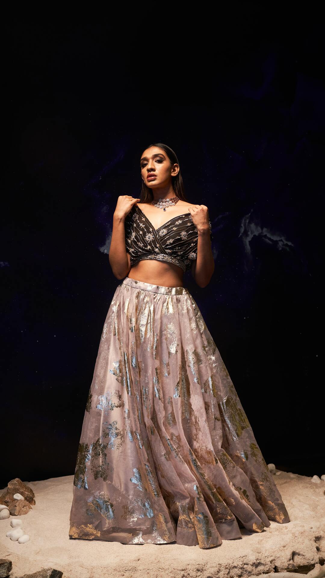 Dejouer- Plunge Neck Hand Embroidered Lilac Foil Print Lehenga Set