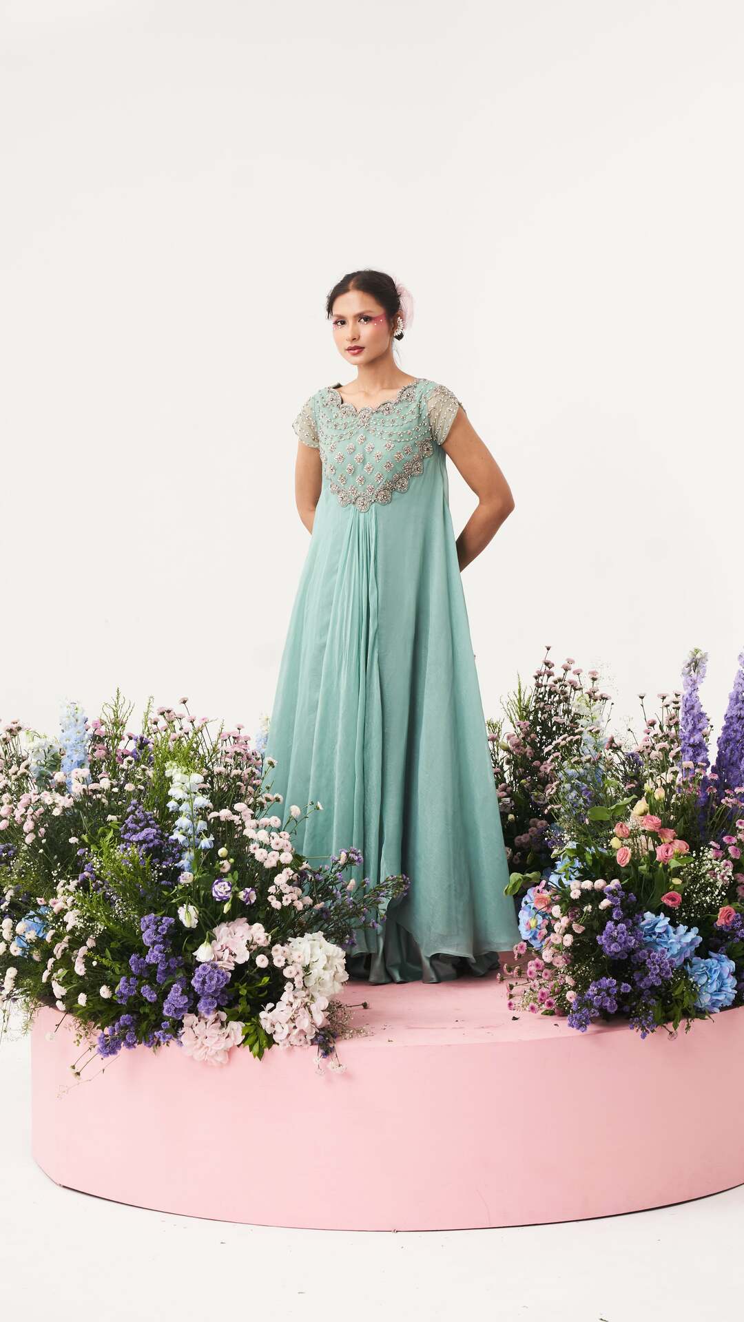 Tara- Boutique Turquoise Embroidered Long Dress