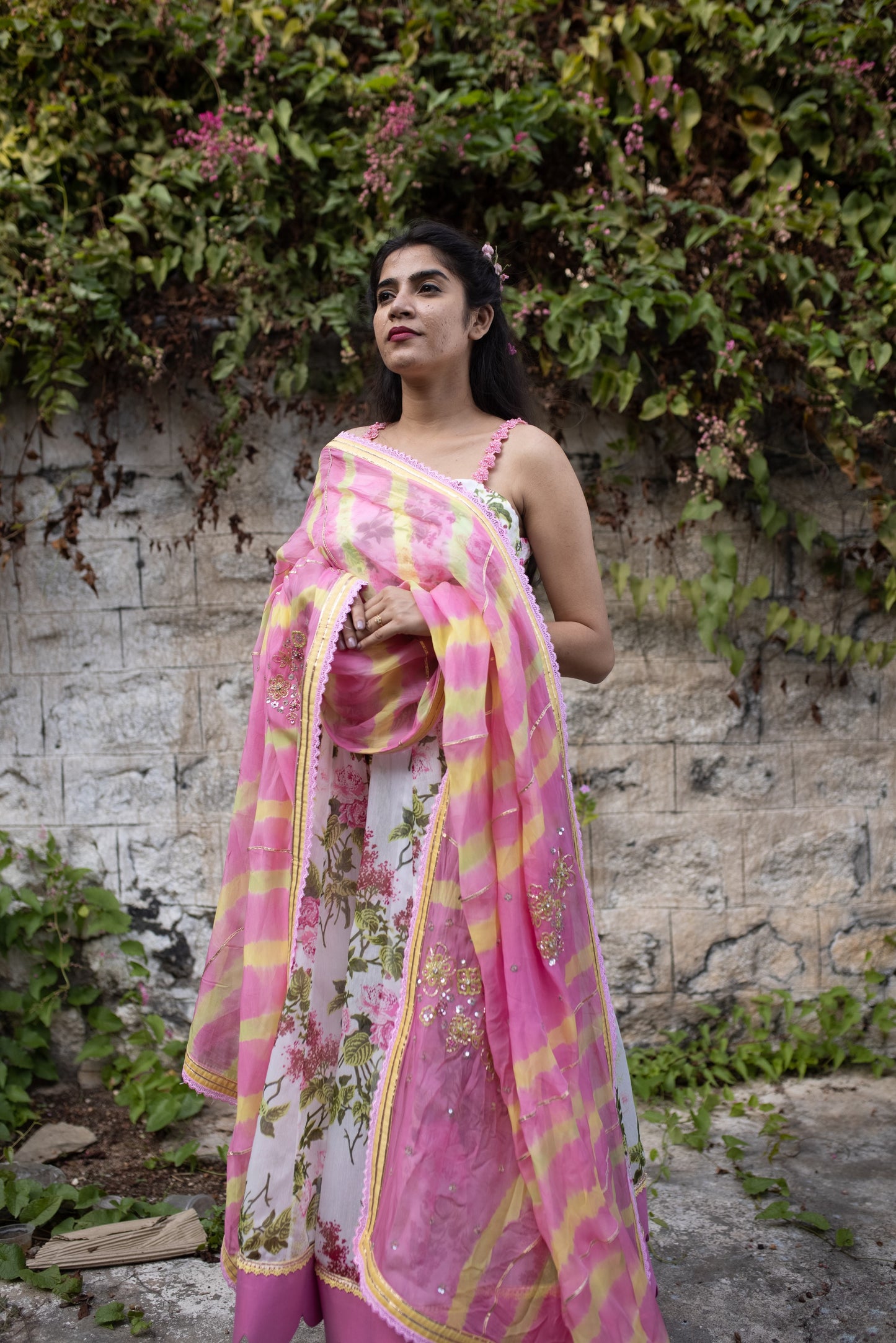 White pomme chanderi strapped anarkali with lehariya dupatta