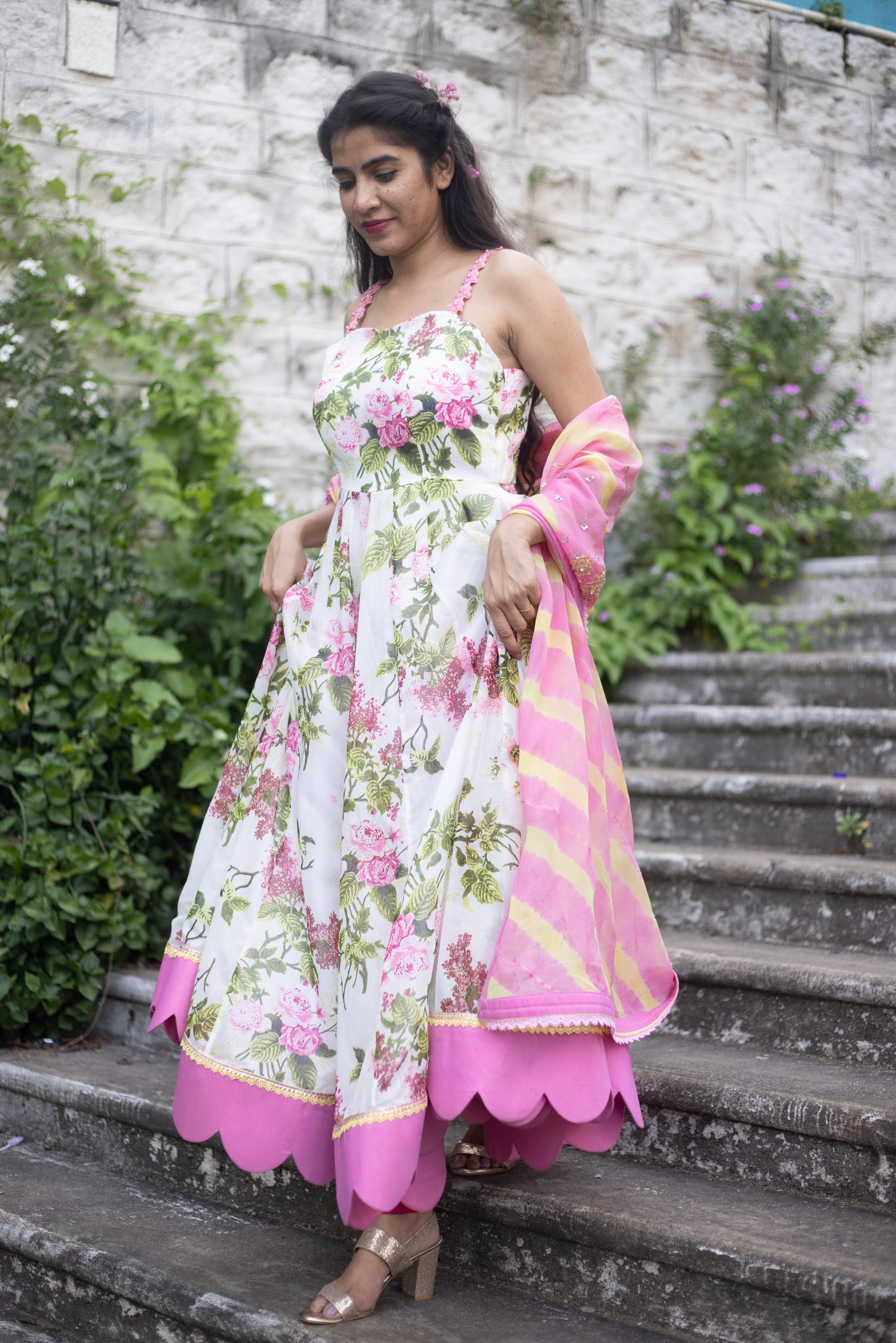 White pomme chanderi strapped anarkali with lehariya dupatta