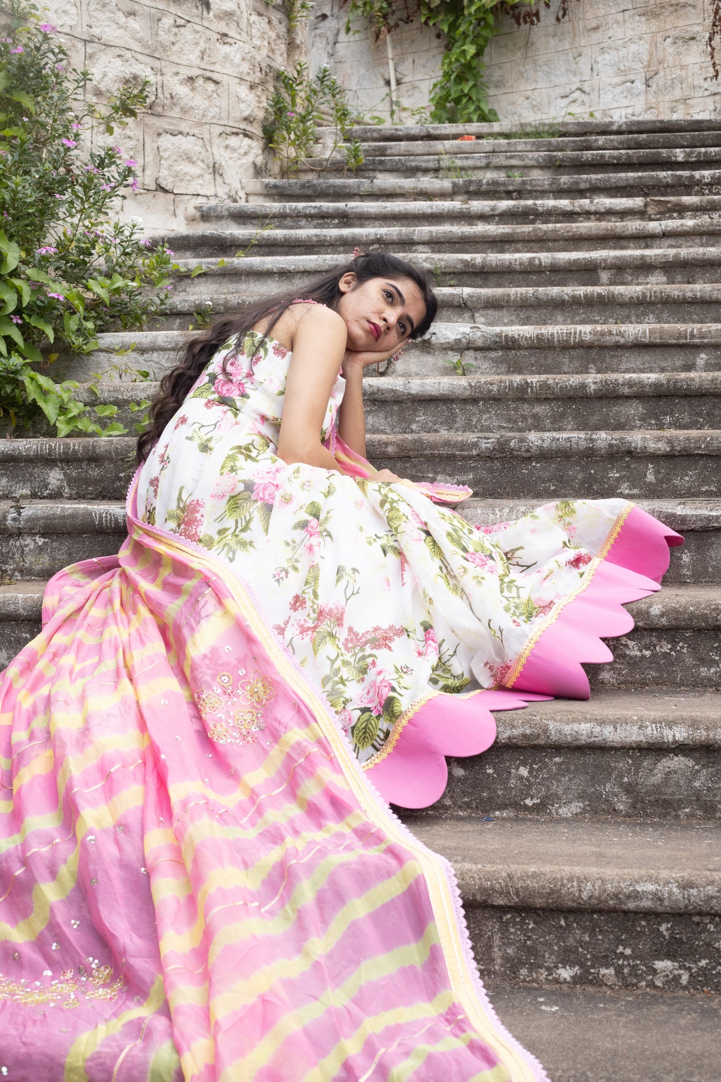 White pomme chanderi strapped anarkali with lehariya dupatta