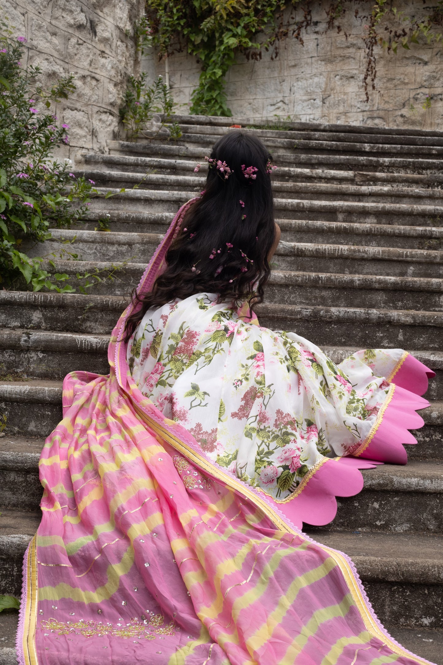 White pomme chanderi strapped anarkali with lehariya dupatta