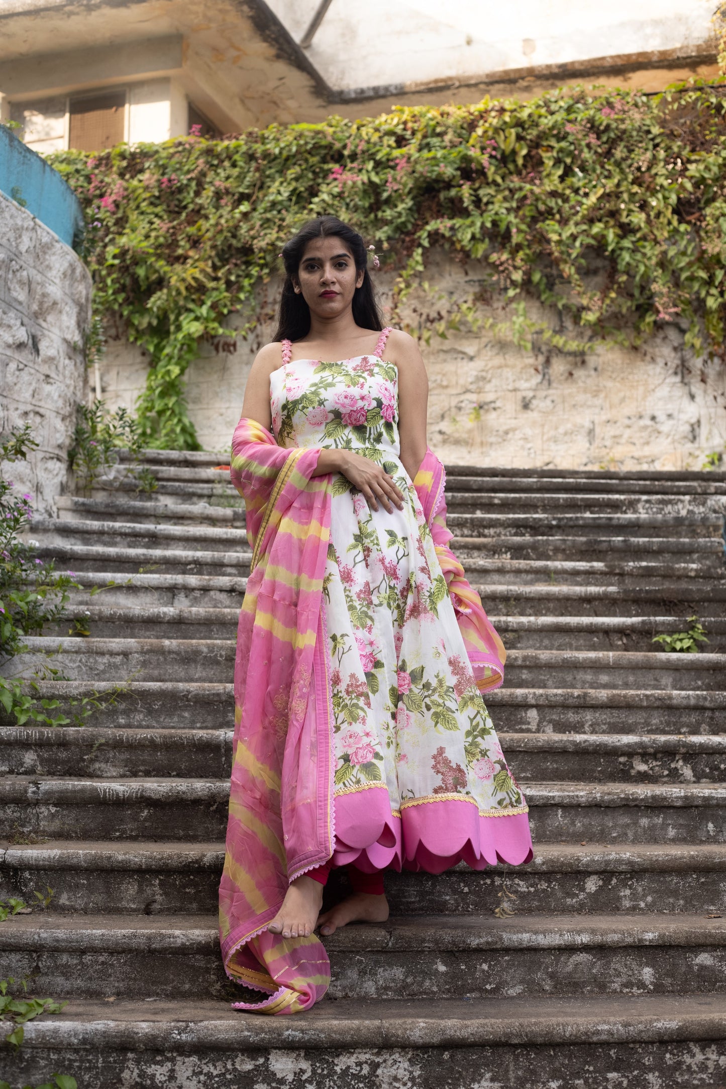 White pomme chanderi strapped anarkali with lehariya dupatta