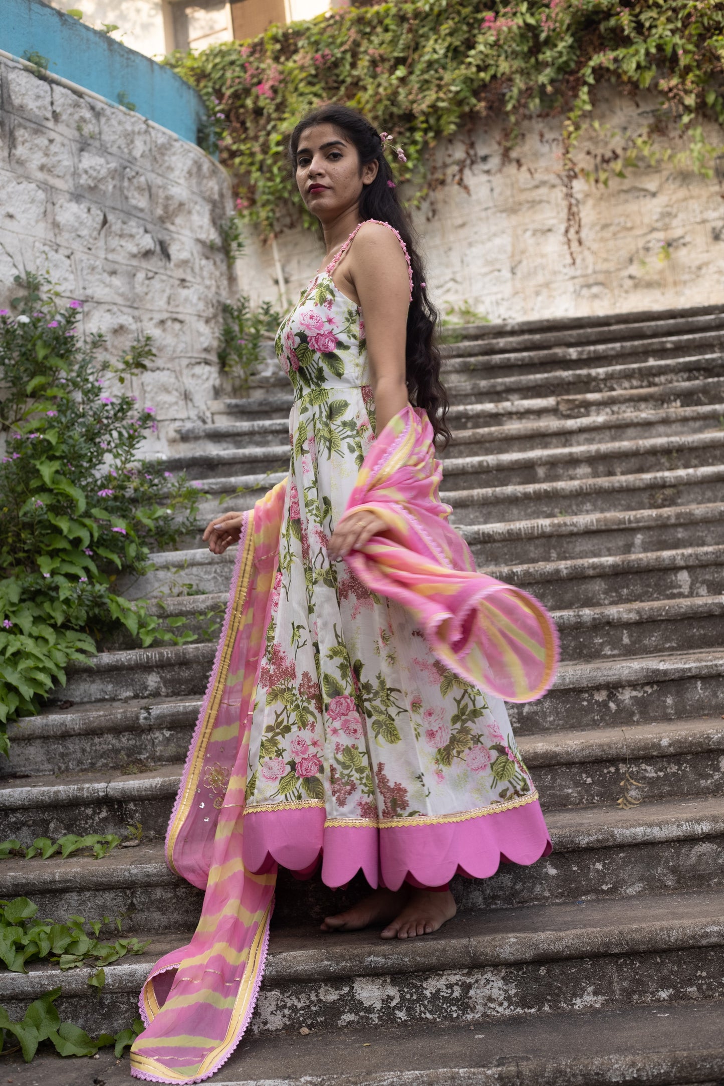 White pomme chanderi strapped anarkali with lehariya dupatta