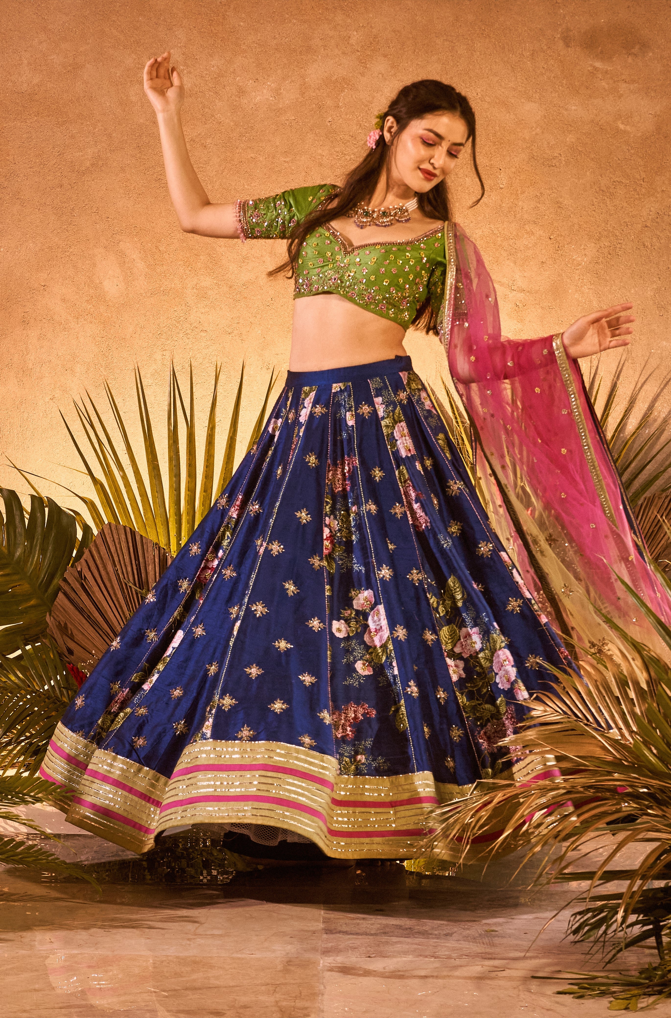 Royal Blue or Green Woven Banarasi Silk Wedding Lehenga with Blouse -  Gajiwala - 3861053
