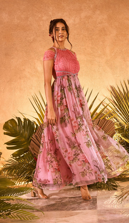 Halter neck pink pomme organza long dress