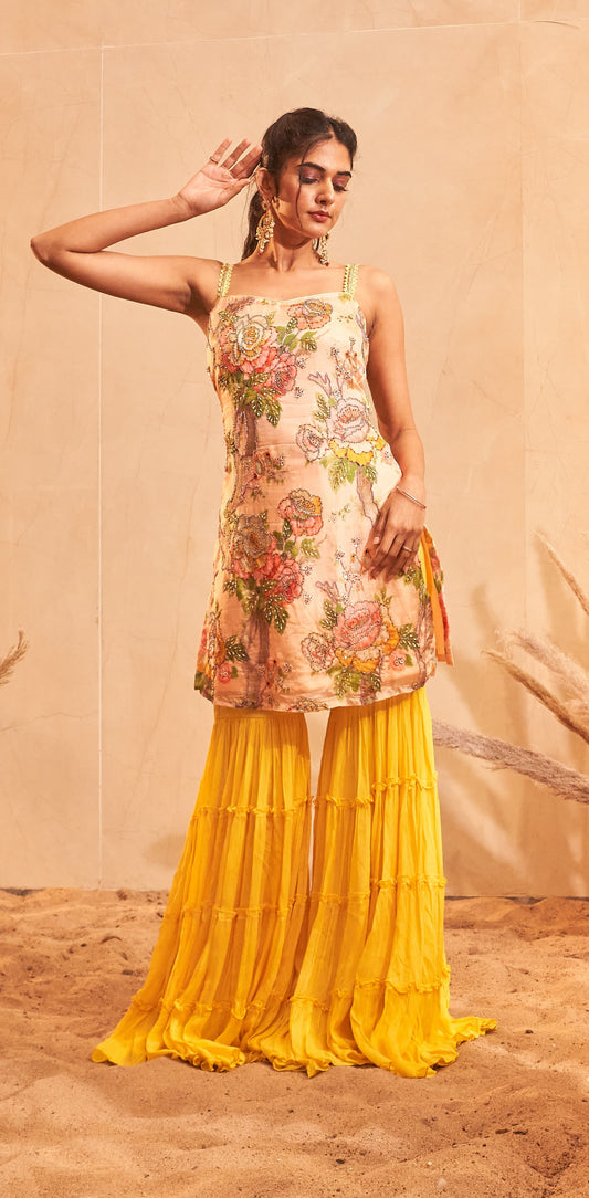 Peach rose garden spaghetti kurti sharara set