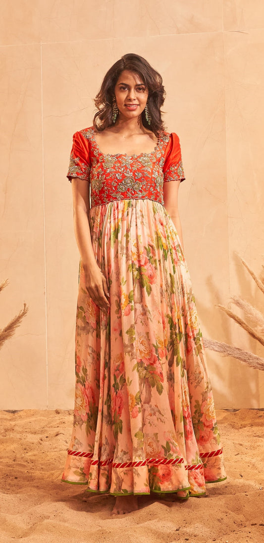 Zardozi embroidered peachy printed  pink garden long dress