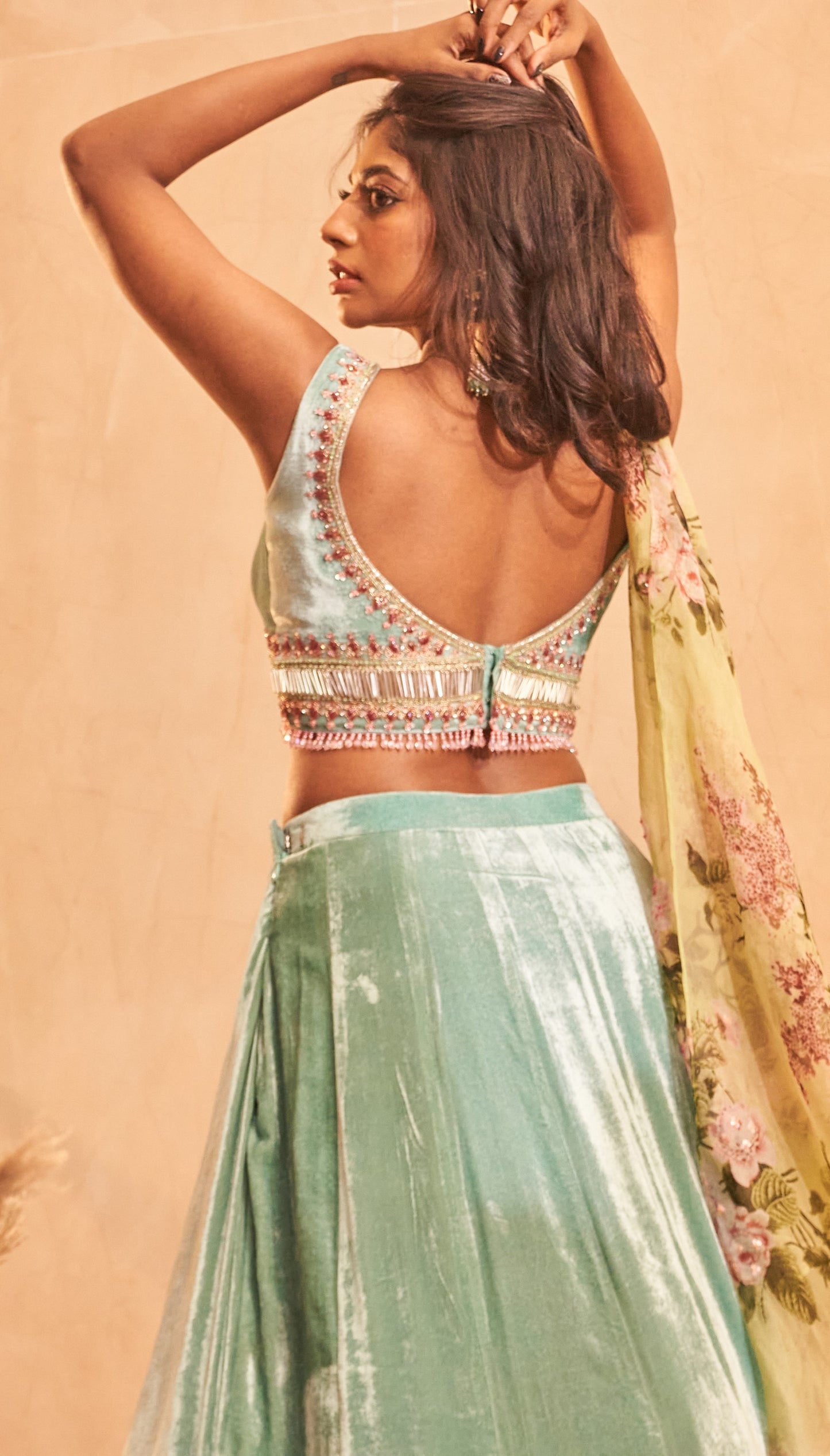 Aqua blue pomme signature embroidered velvet lehenga set