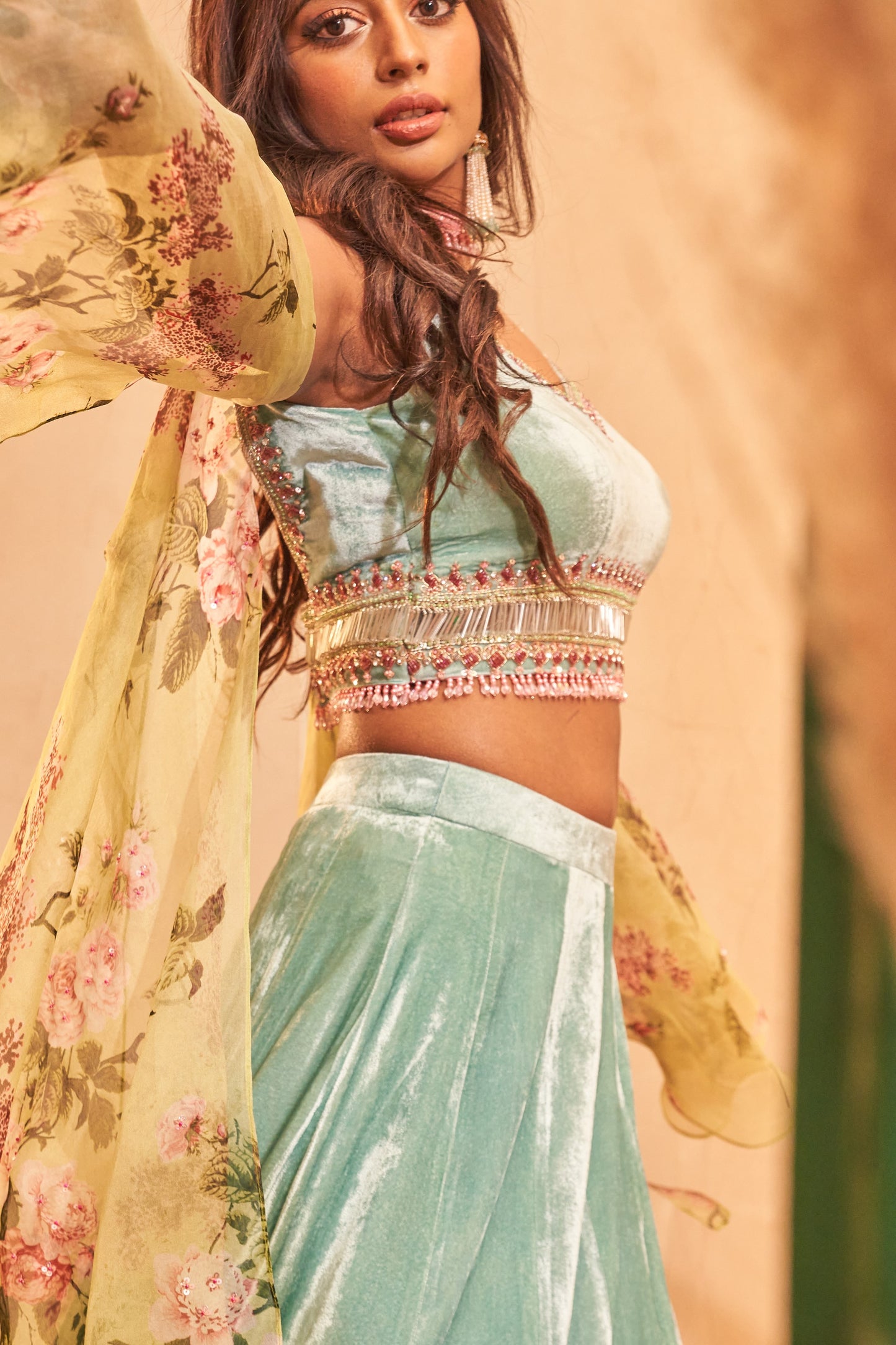 Aqua blue pomme signature embroidered velvet lehenga set