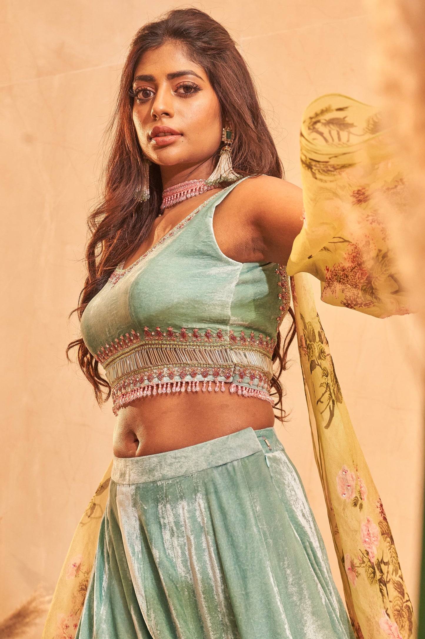 Aqua blue pomme signature embroidered velvet lehenga set