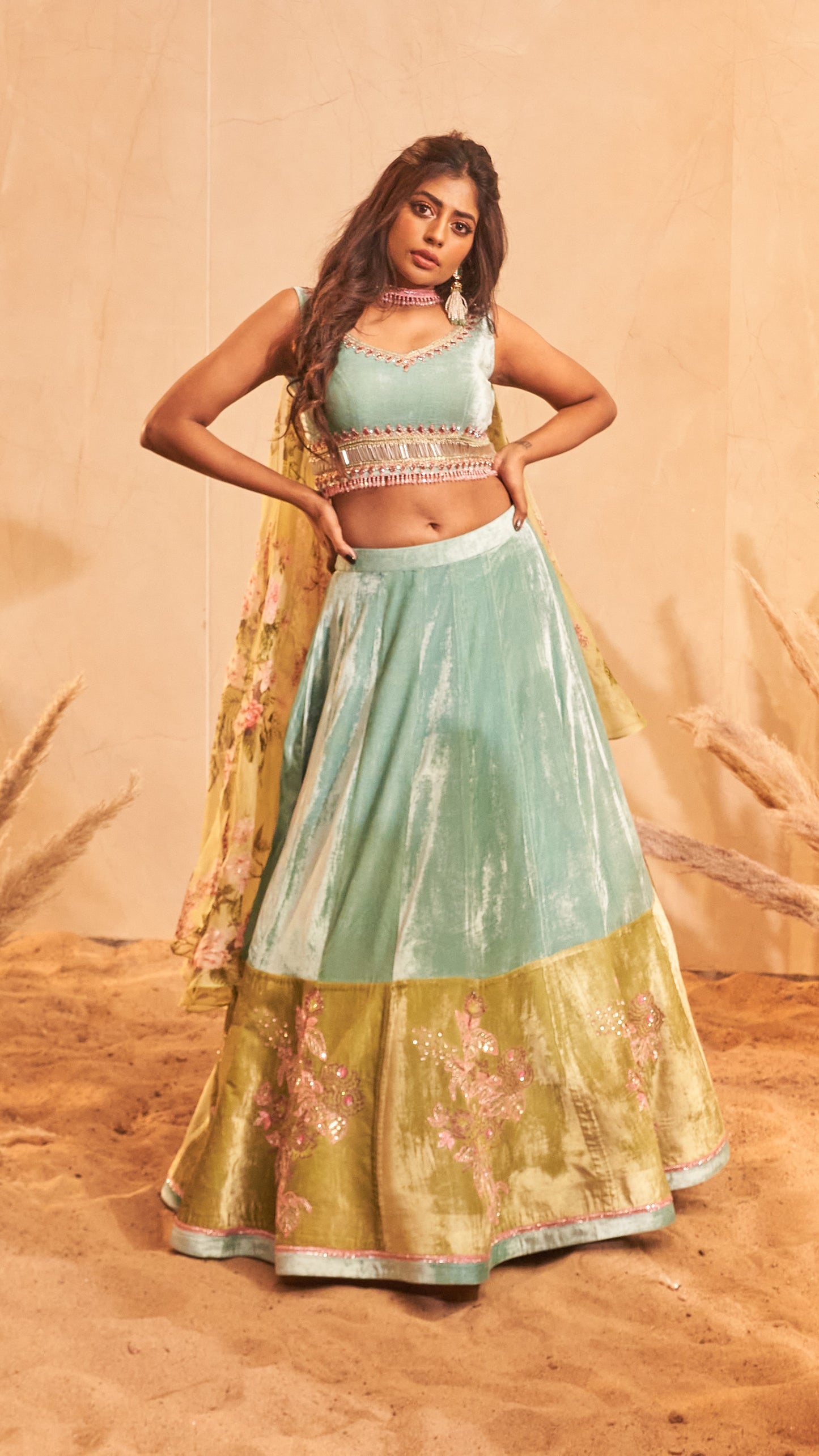 Aqua blue pomme signature embroidered velvet lehenga set