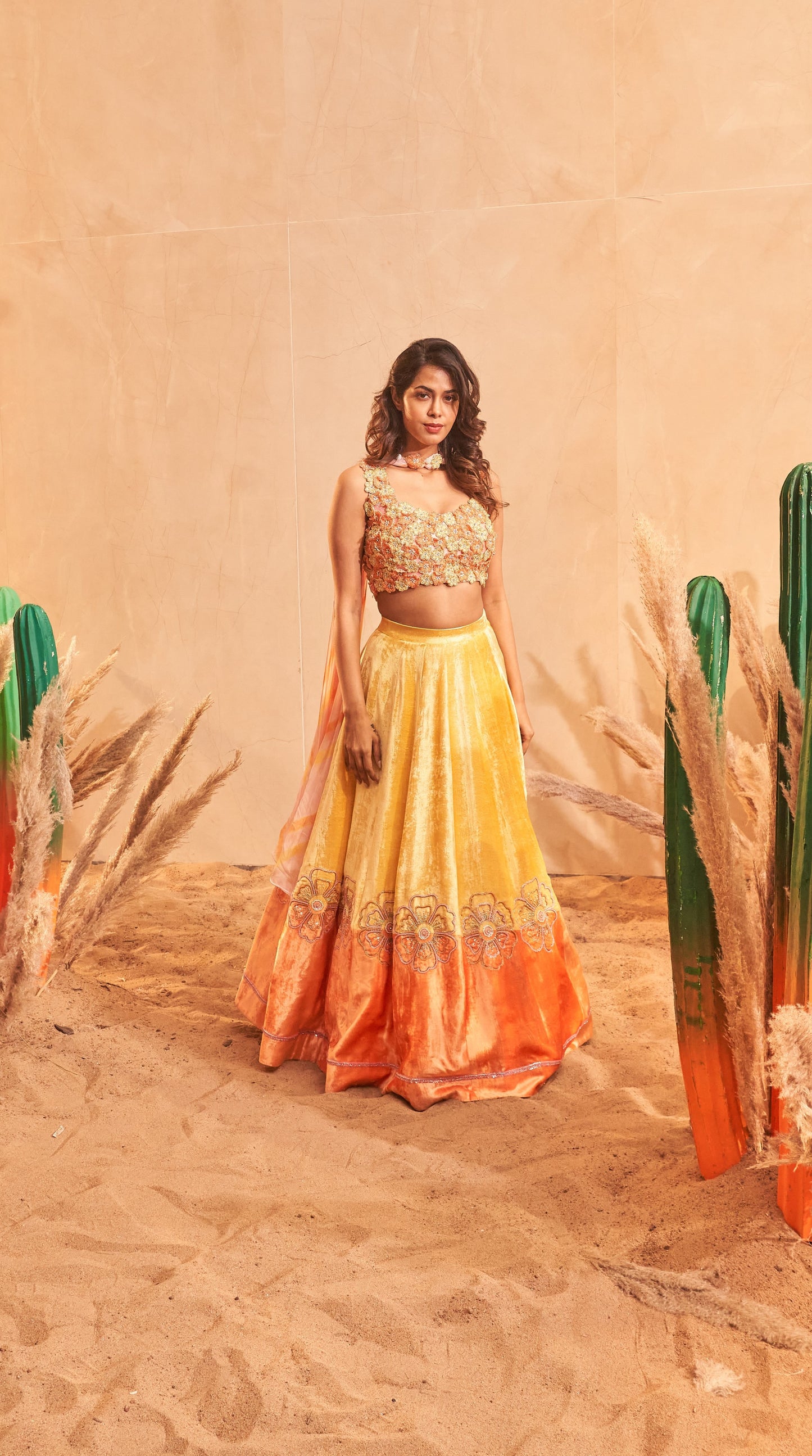 Sunset yellow velvet lehenga with 3D embellished flower blouse