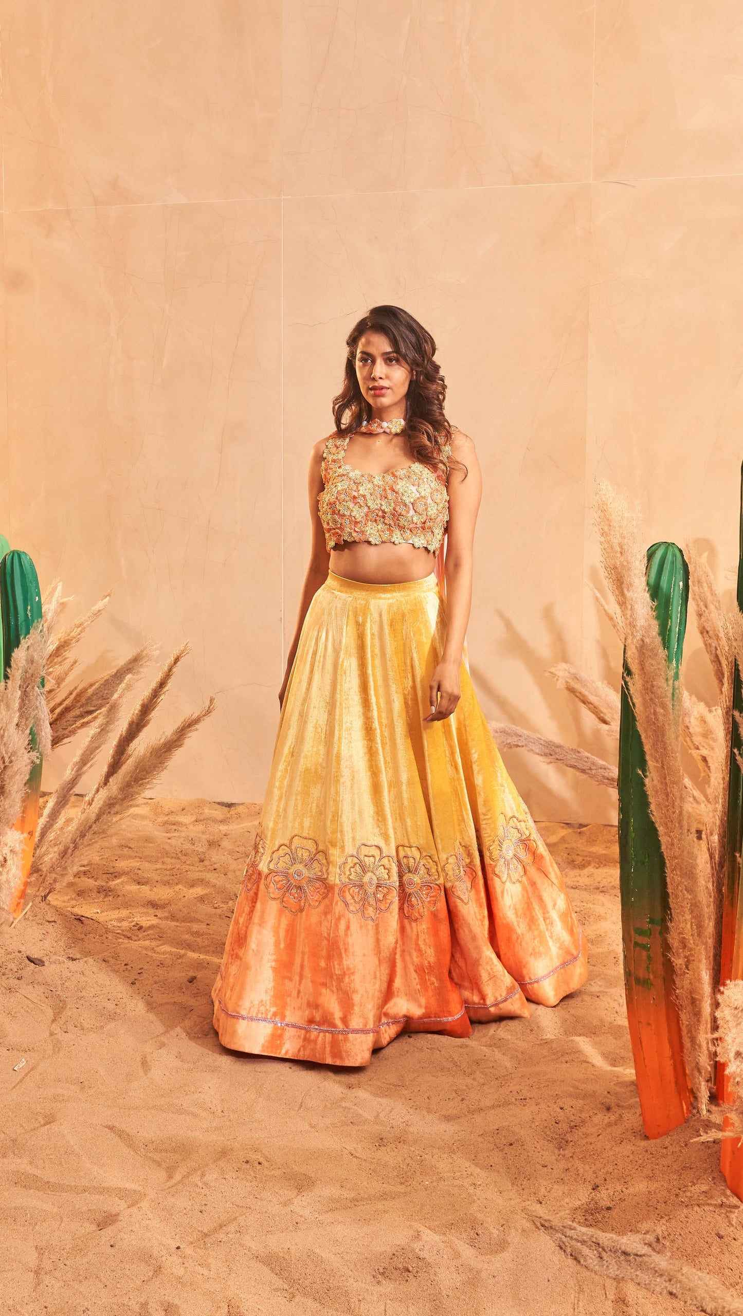 Sunset yellow velvet lehenga with 3D embellished flower blouse