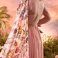 Garden embroidered dupatta drape coral pink long dress