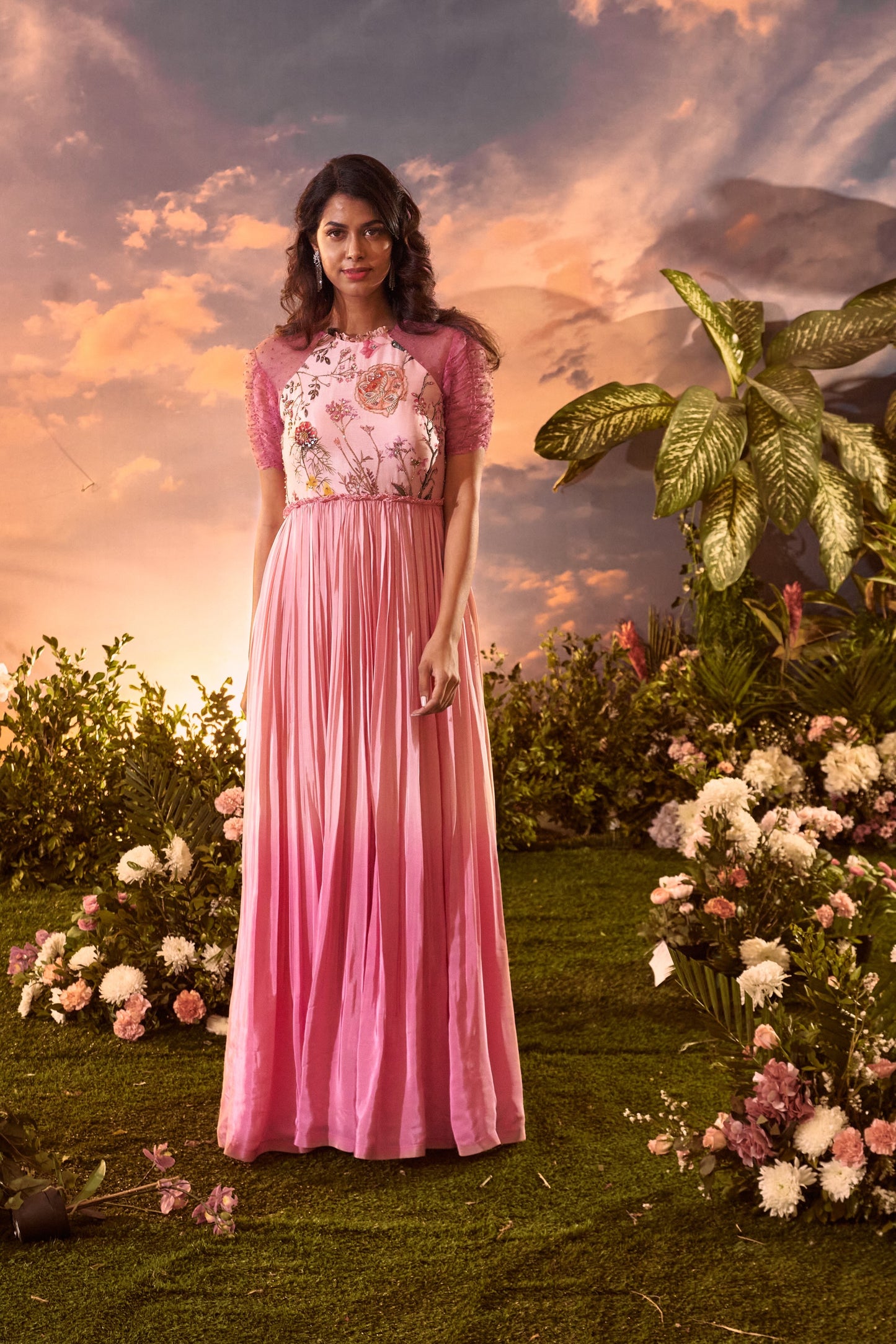 Pink ombre long dress with garden yoke and runched elbow sleeves