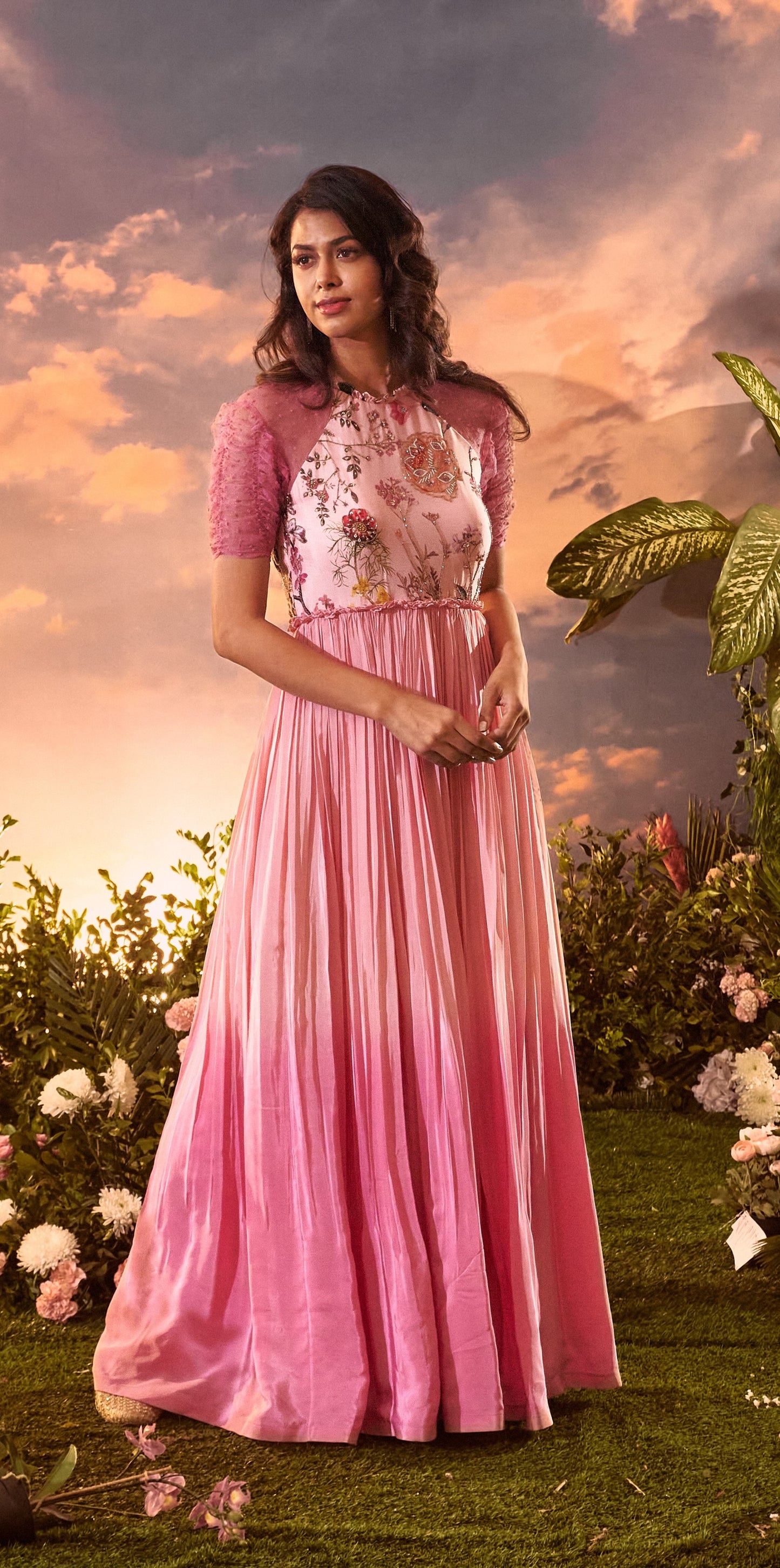 Pink ombre long dress with garden yoke and runched elbow sleeves