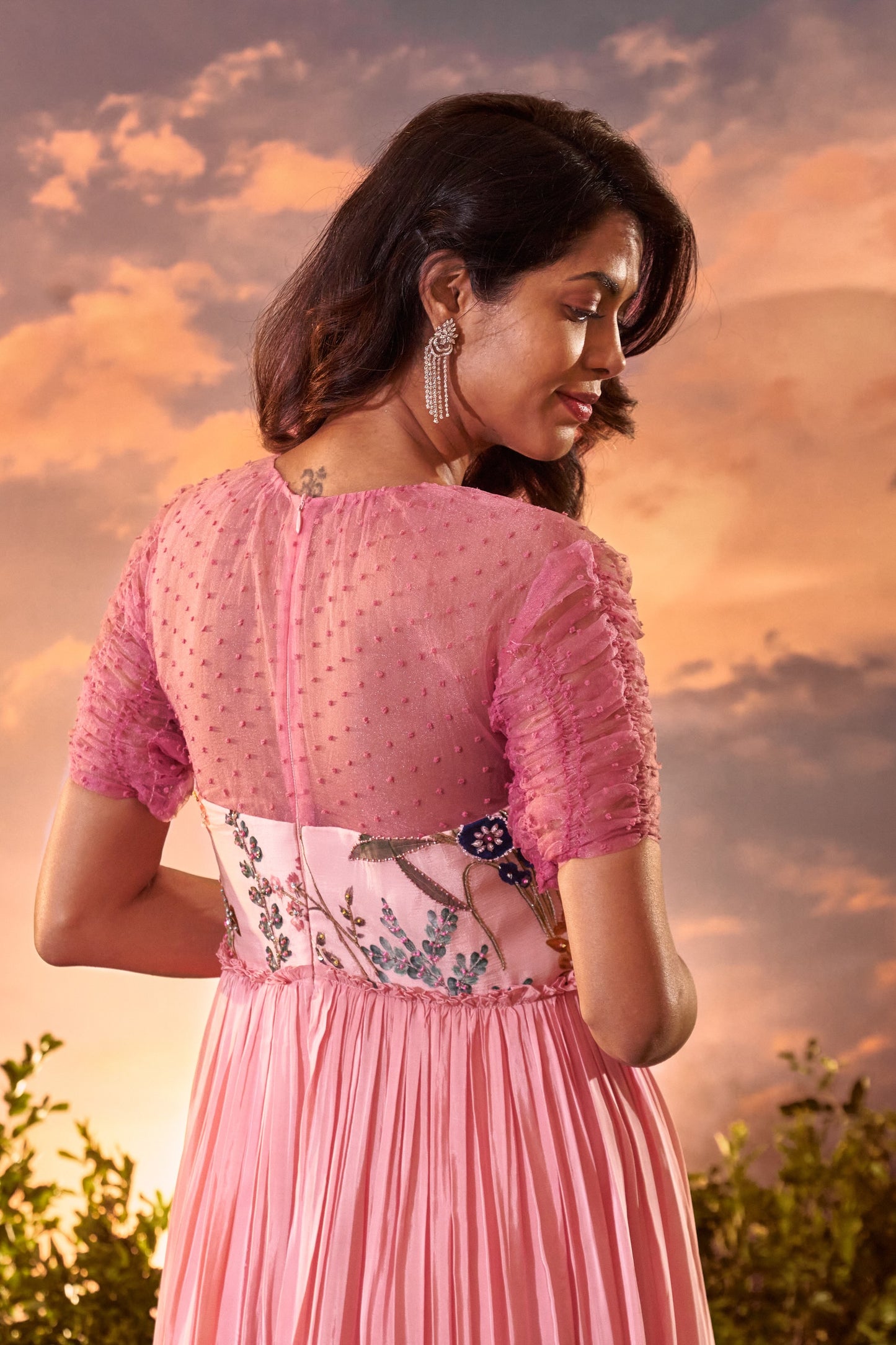 Pink ombre long dress with garden yoke and runched elbow sleeves