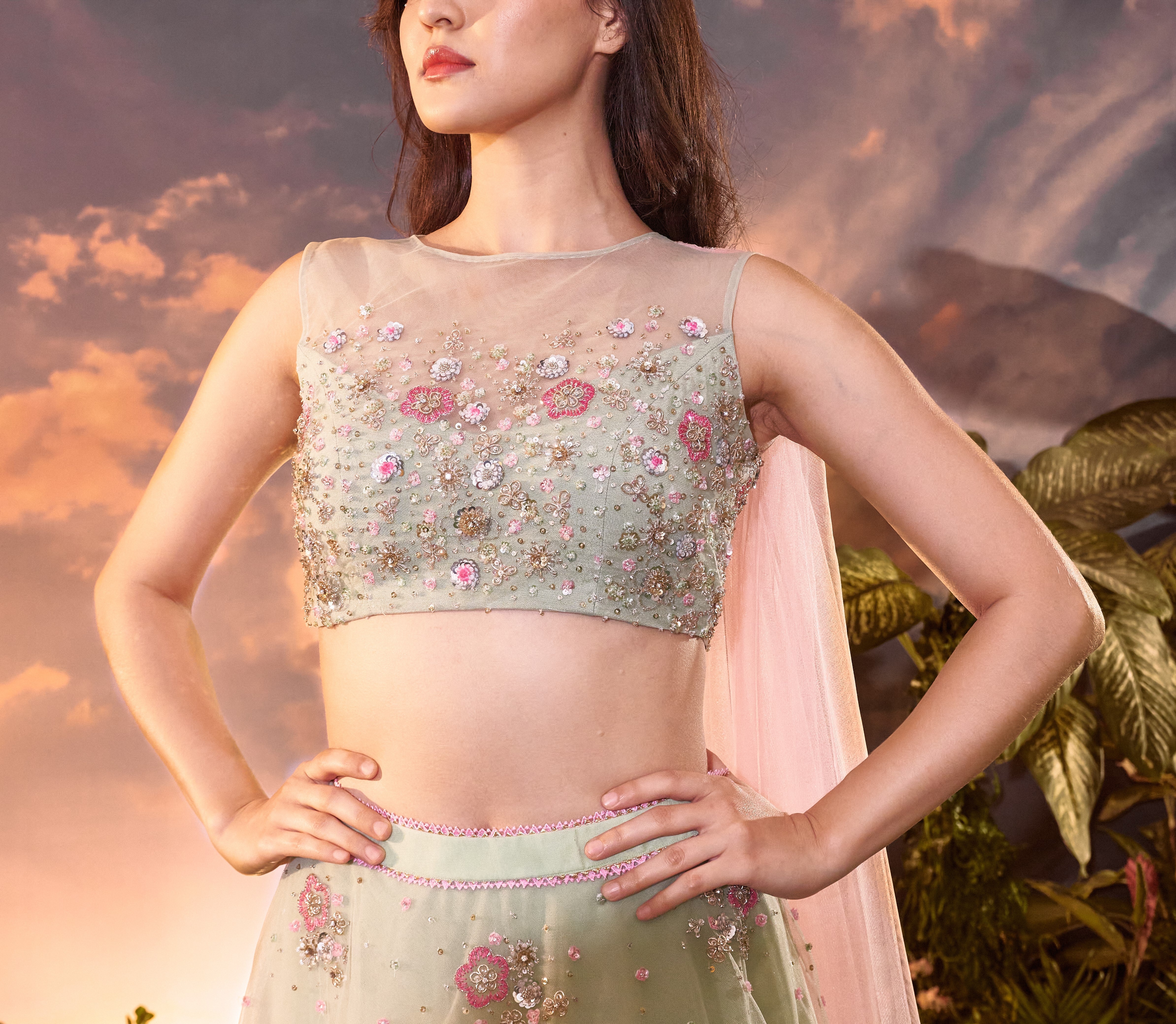Mint green net embroidered lehenga set with back brooched pink dupatta –  Seharre by Sahithee Reddy