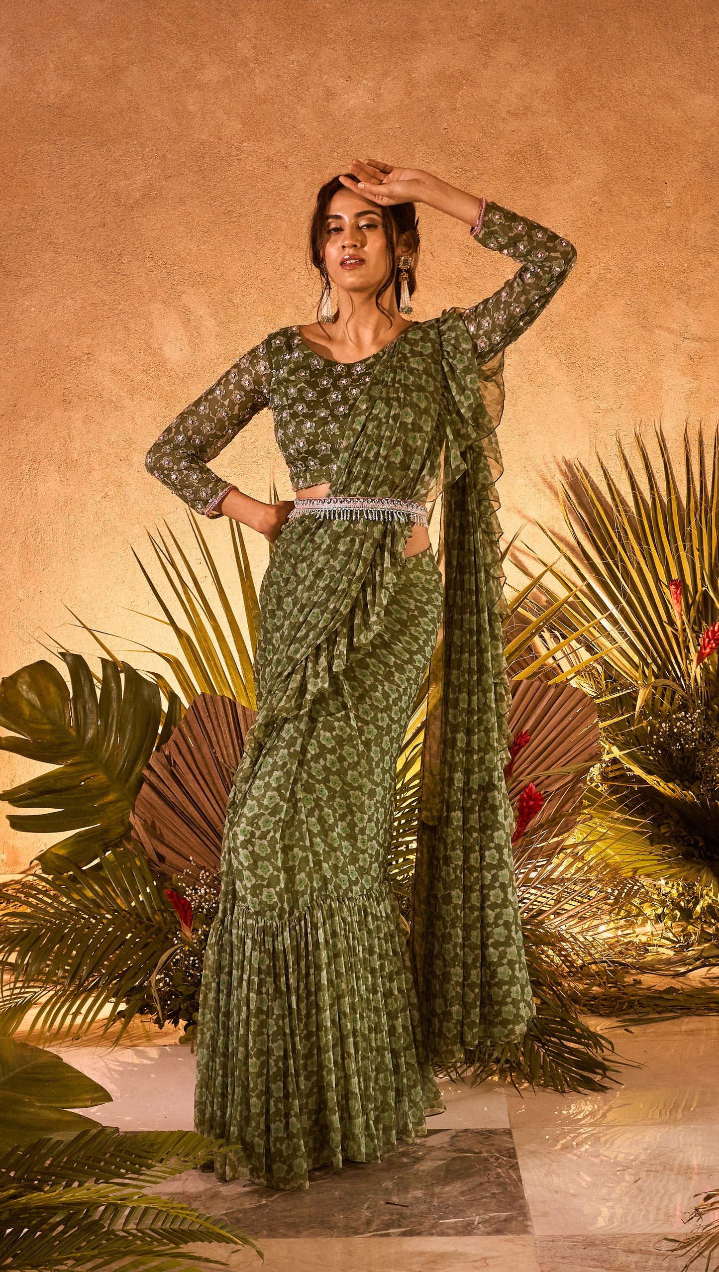 Moss green belted ruffle saree