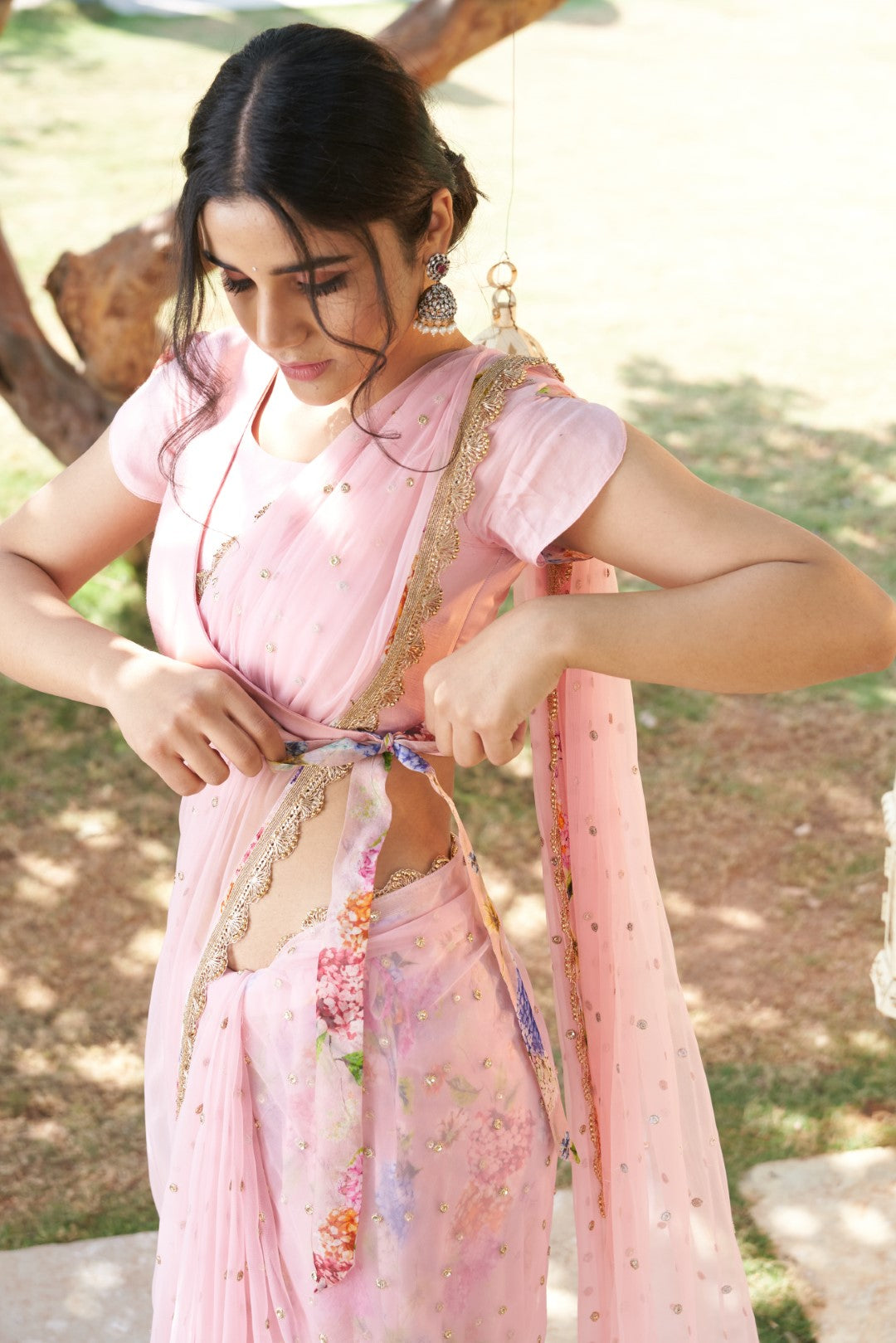 Lemonade pink wildflower underskirt with net saree and raw silk blouse