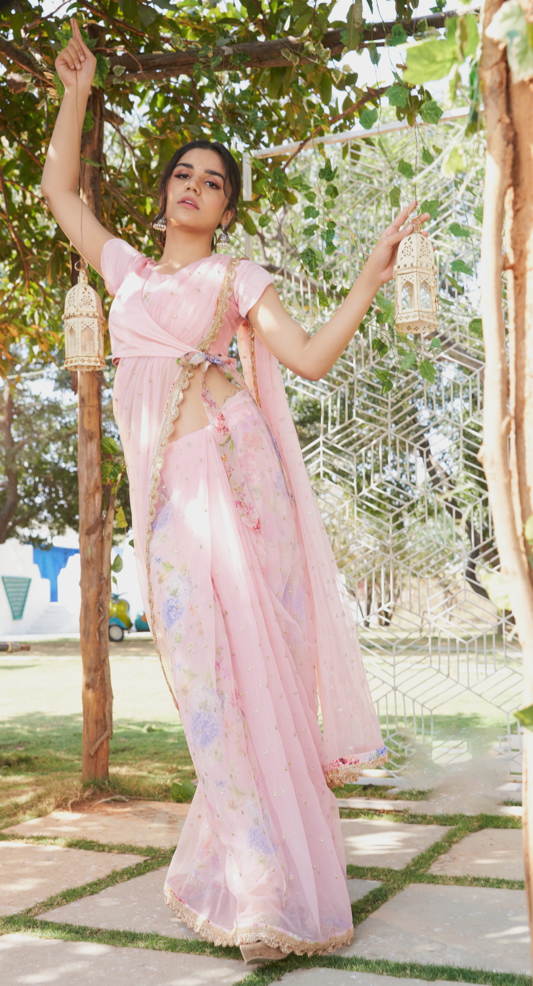 Lemonade pink wildflower underskirt with net saree and raw silk blouse