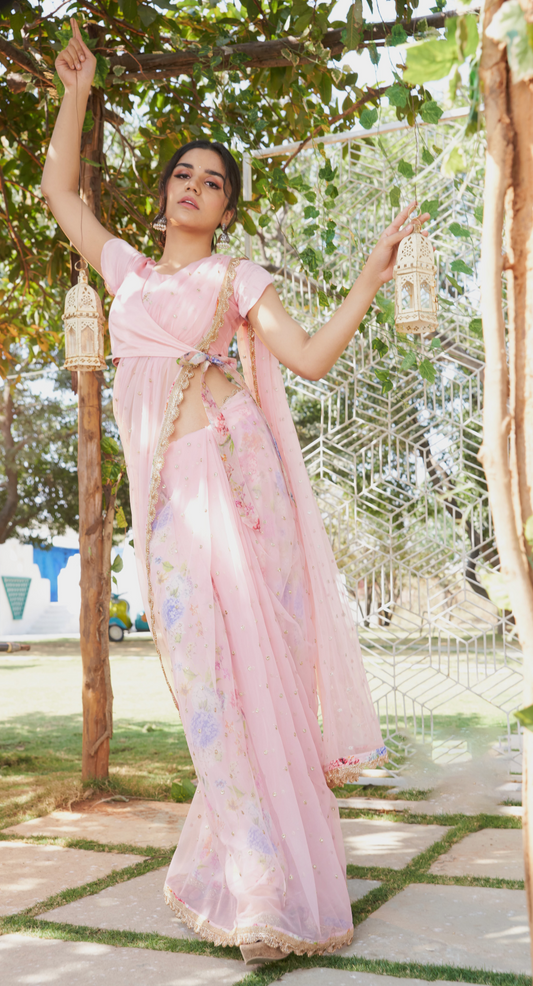 Lemonade pink wildflower underskirt with net saree and raw silk blouse