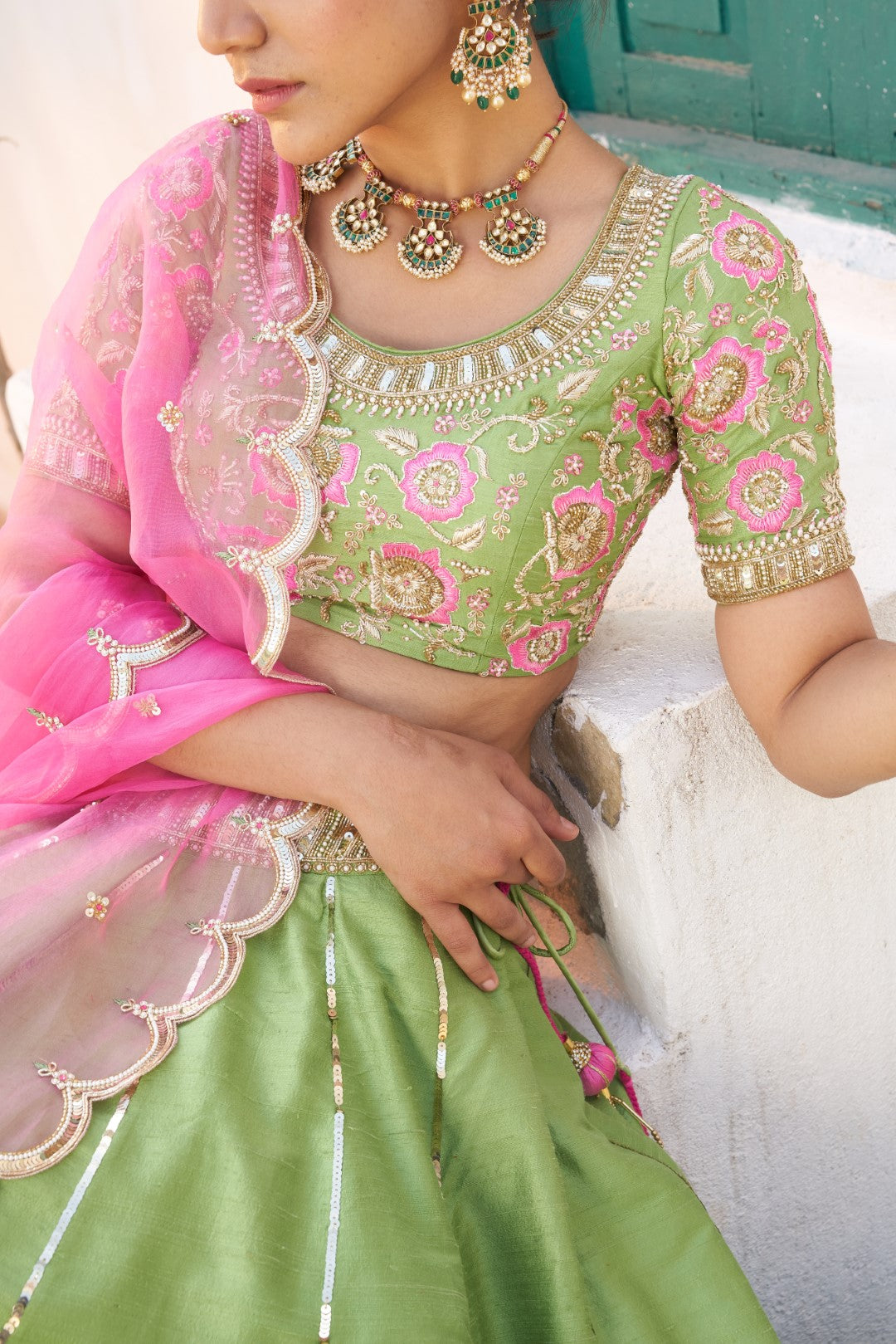 Light Lime Green & Baby Pink Dual Tone Pleated Top & Ruffle Lehenga With  Knot Detail Dupatta - Babeehive