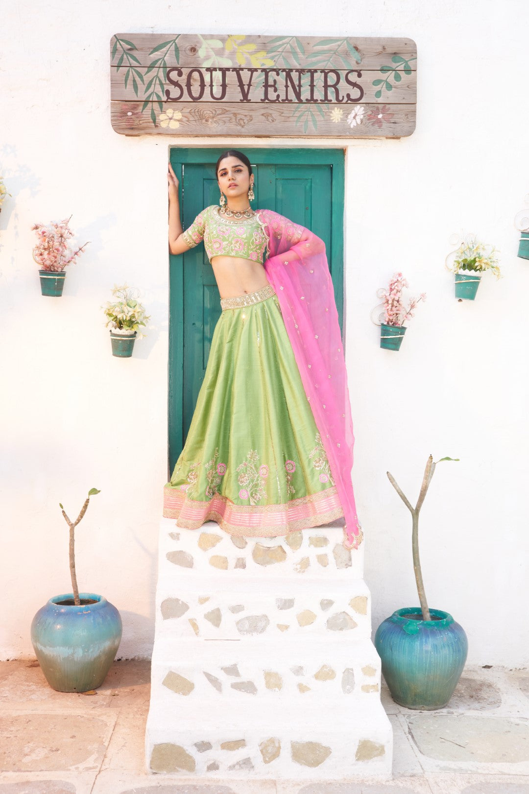 Leaf green lehenga, blouse with pink organza dupatta – Seharre by Sahithee  Reddy